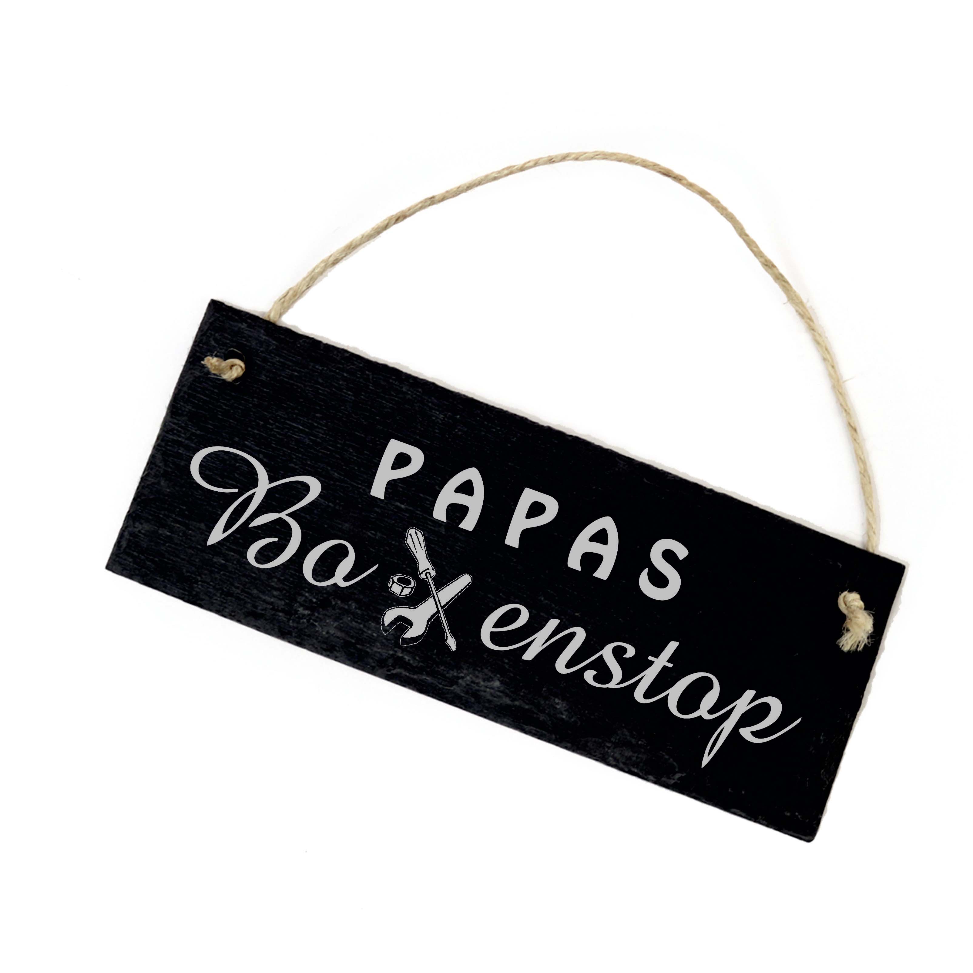 Papas Boxenstop - Schild Türschild Schiefer Werkstatt Geschenk für Papa 22 x 8 cm