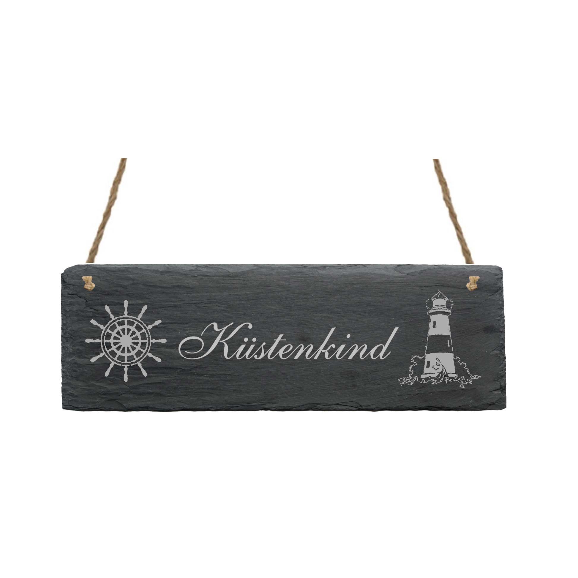 Schild « KÜSTENKIND » mit Motiv LEUCHTTURM - 22 x 8 cm - aus Schiefer