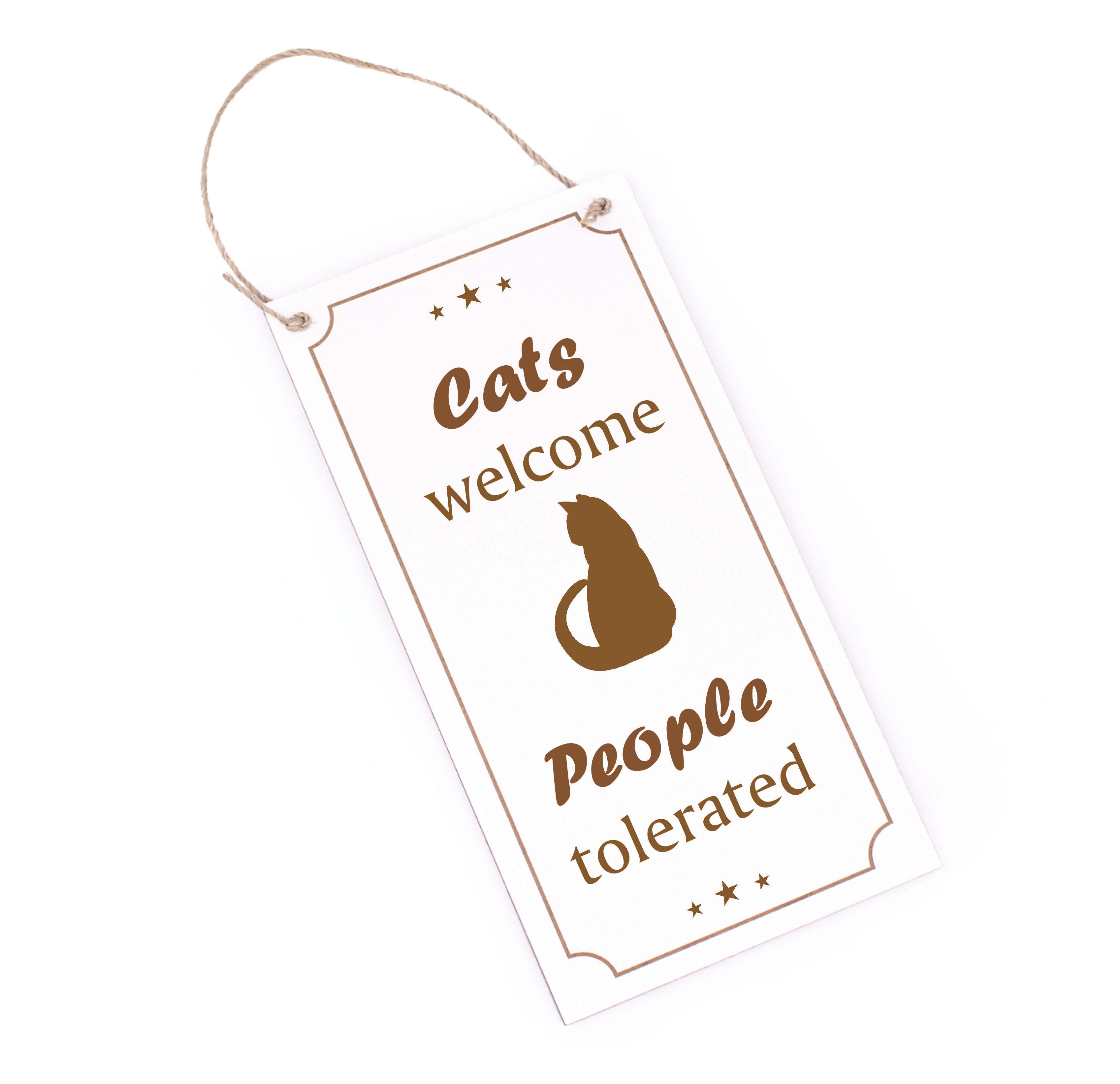 Katzen Willkommen Schild Holz graviert Cats welcome People tolerated Türschild Katzendeko 10 x 20 cm