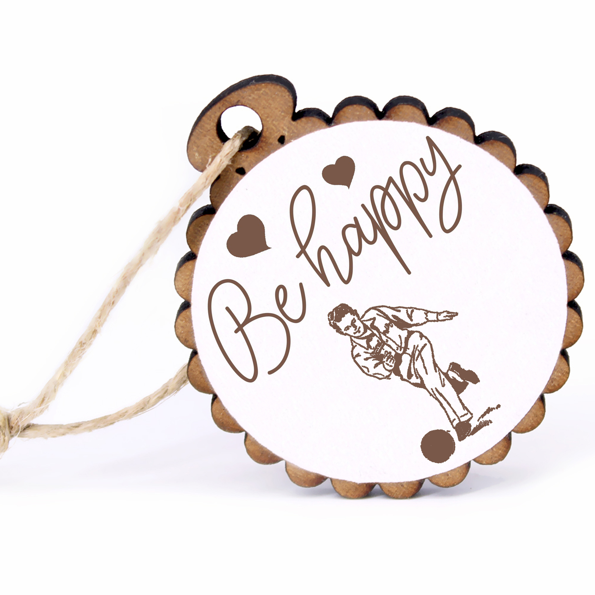 Geschenkanhänger - Be Happy Bownling -  Holz Ø-5cm - mit Juteband