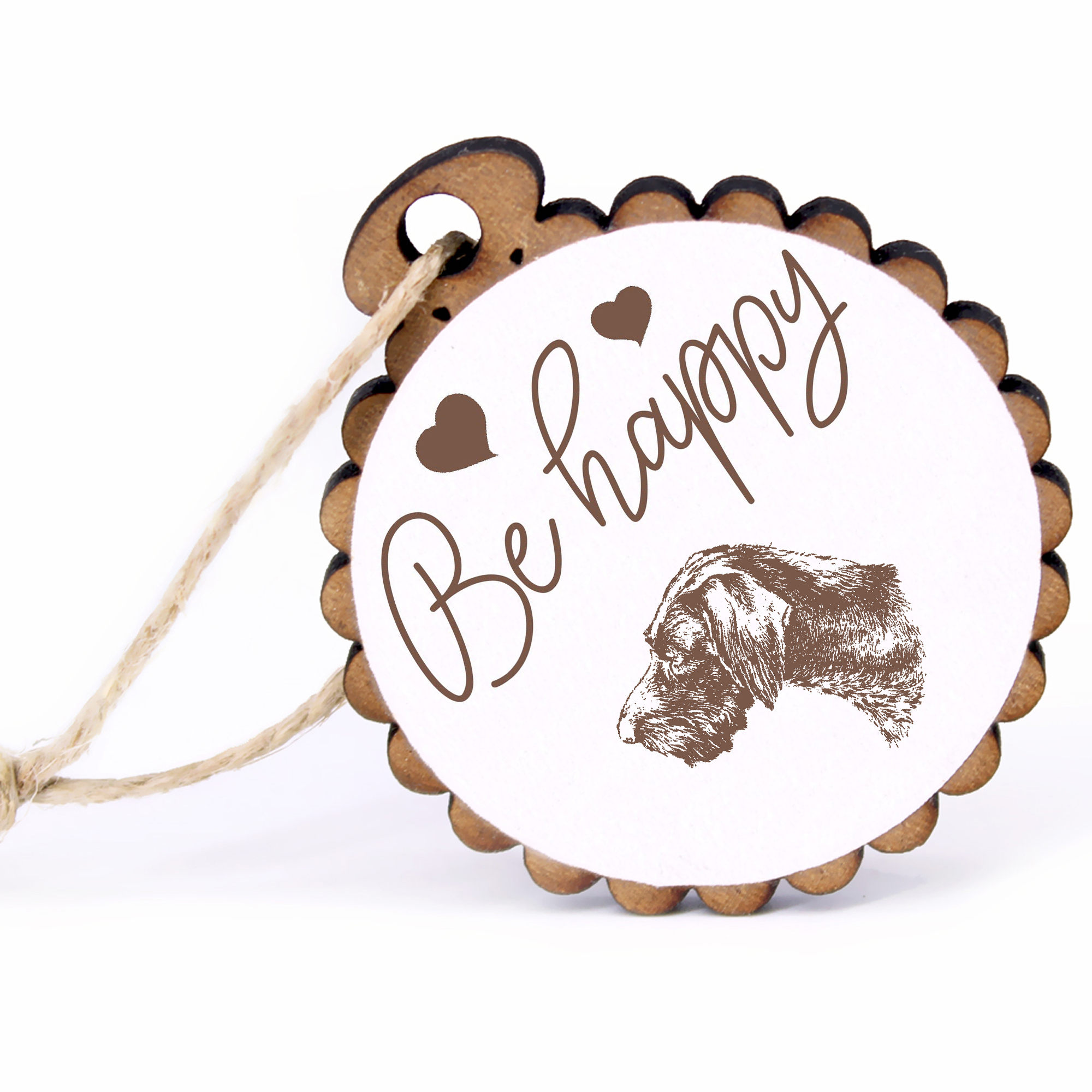 Geschenkanhänger - Be Happy Deutsch Drahthaar -  Holz Ø-5cm - mit Juteband