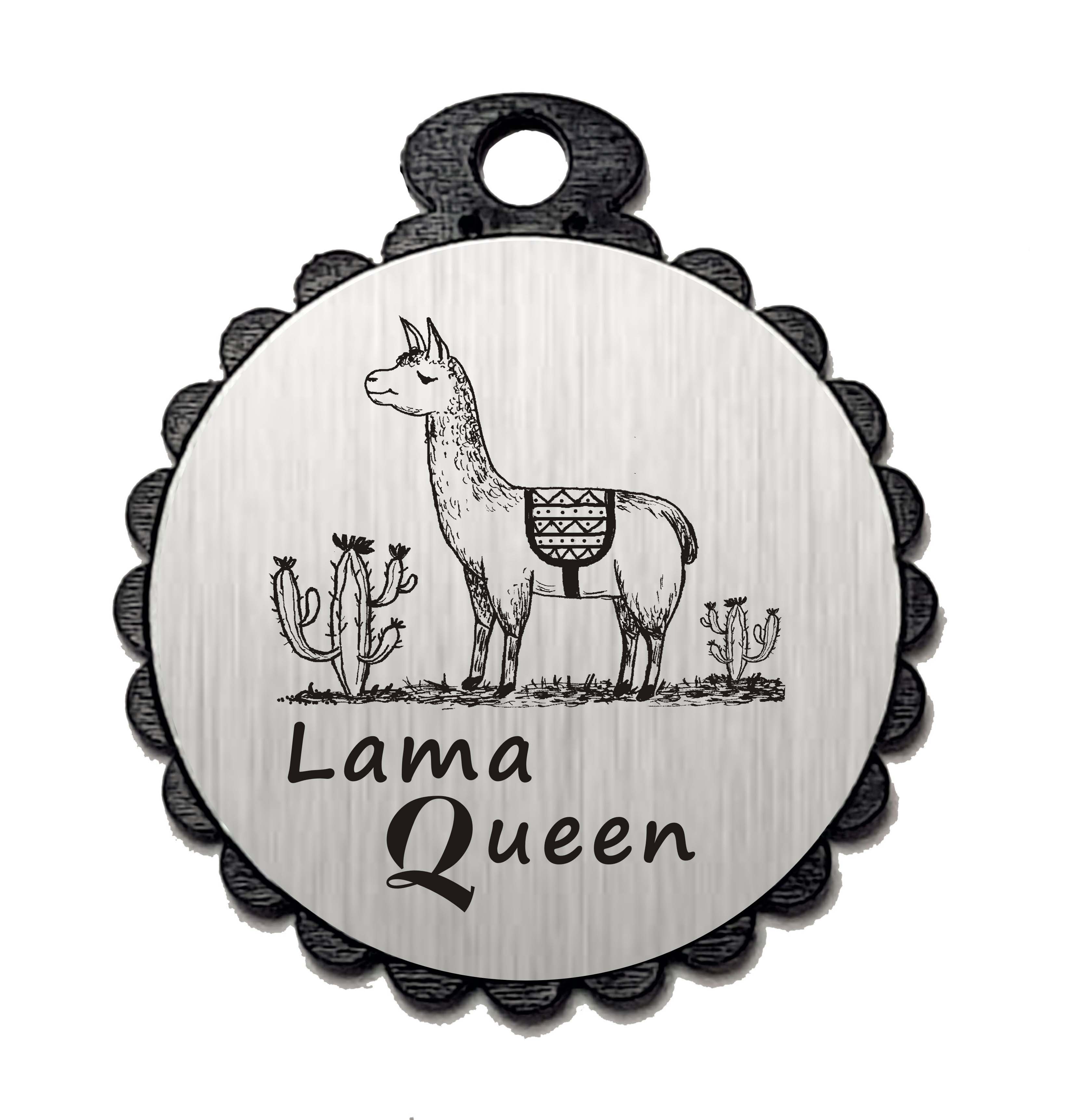 Runder Anhänger « LAMA QUEEN » mit Motiv - Aluminium Look - silber