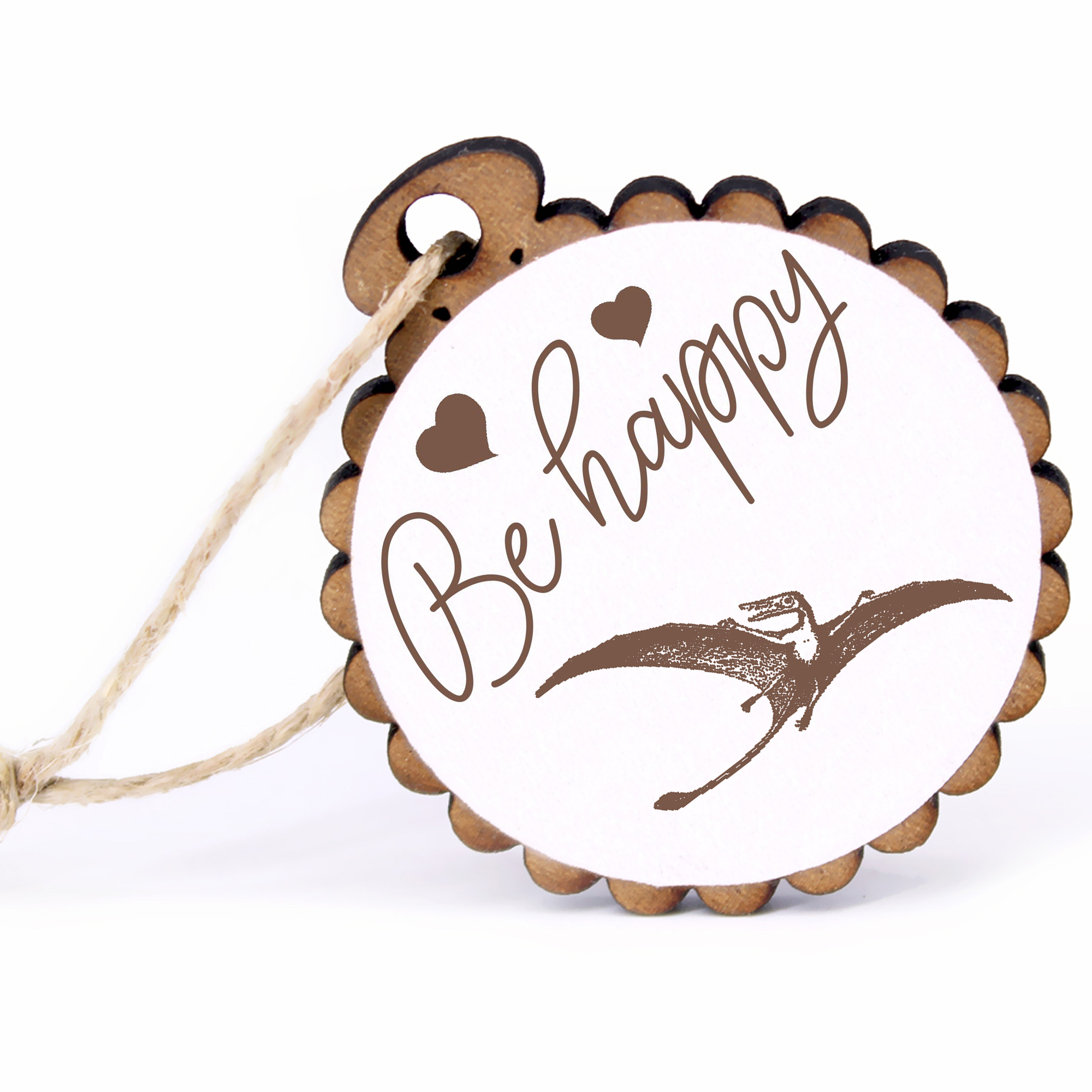 Geschenkanhänger - Be Happy Dinosaurier Flugsaurier -  Holz Ø-5cm - mit Juteband