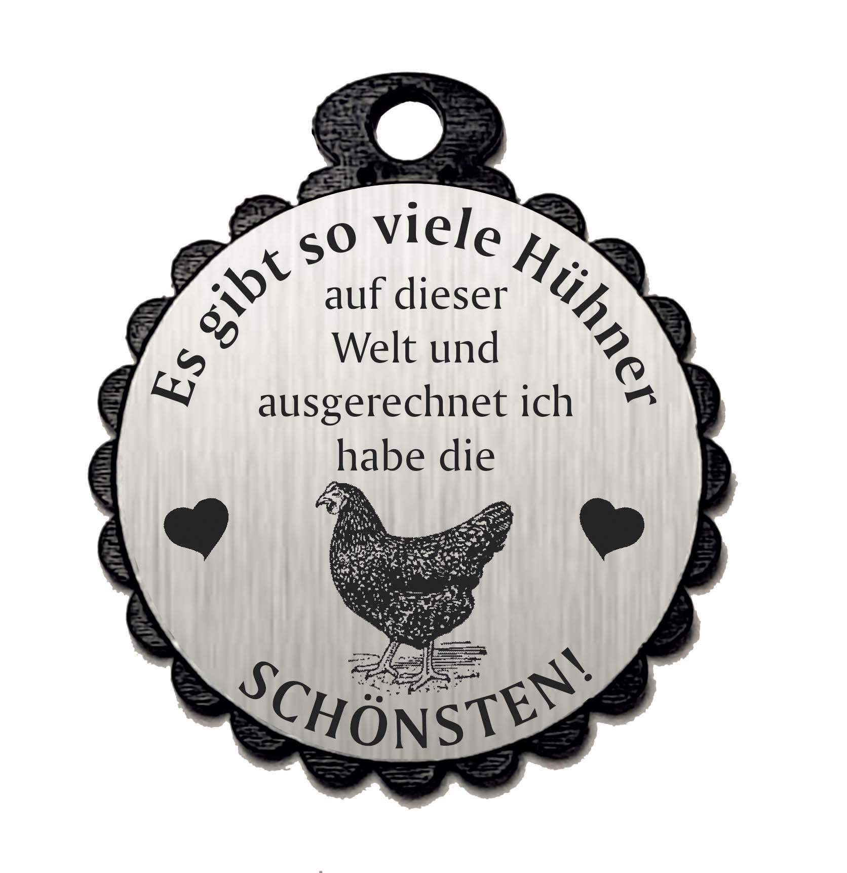 Runder Anhänger « DIE SCHÖNSTEN HÜHNER 01 » mit Motiv HUHN - Aluminium Look - silber