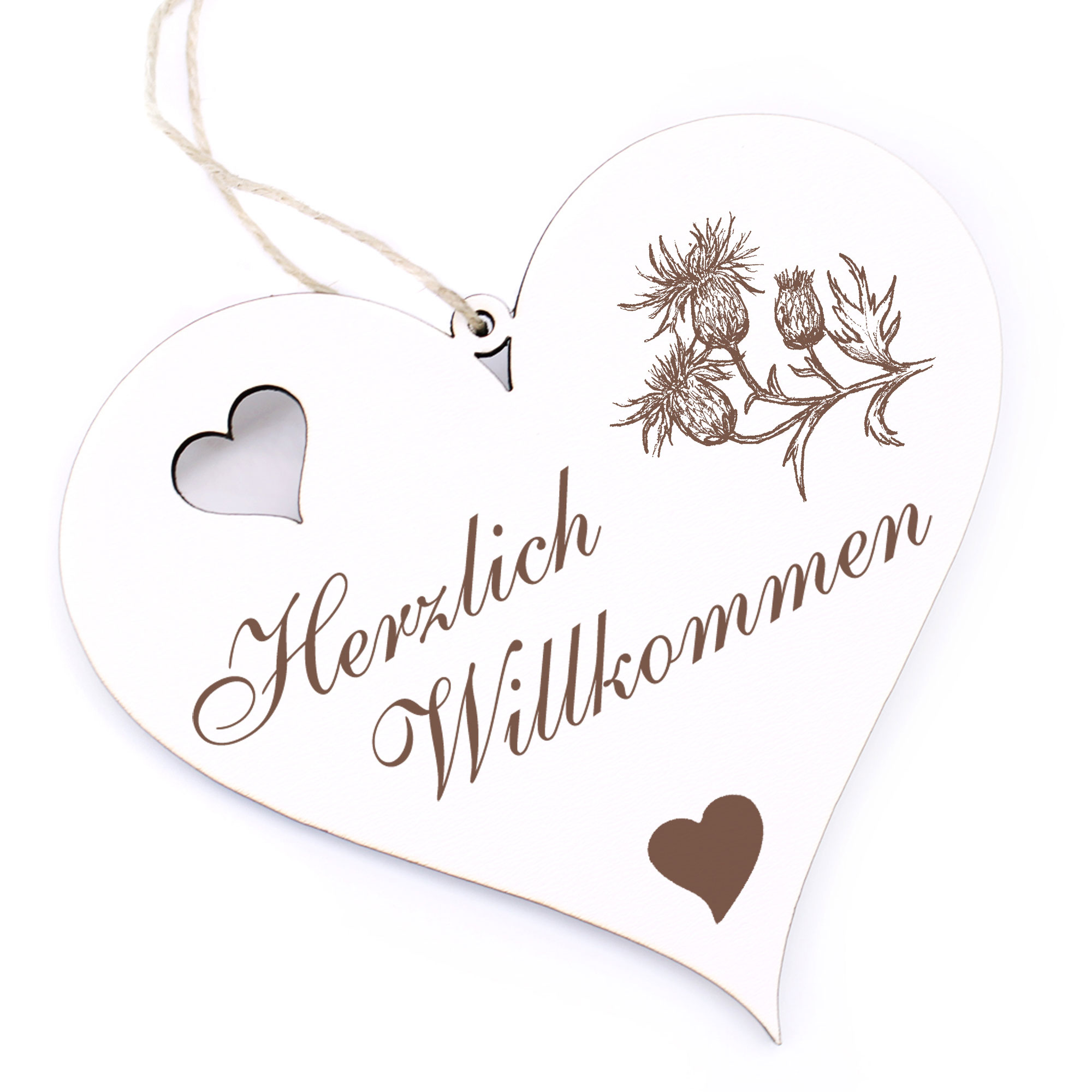 Herzlich Willkommen Schild - Ackerdistel - Deko Herz Holz