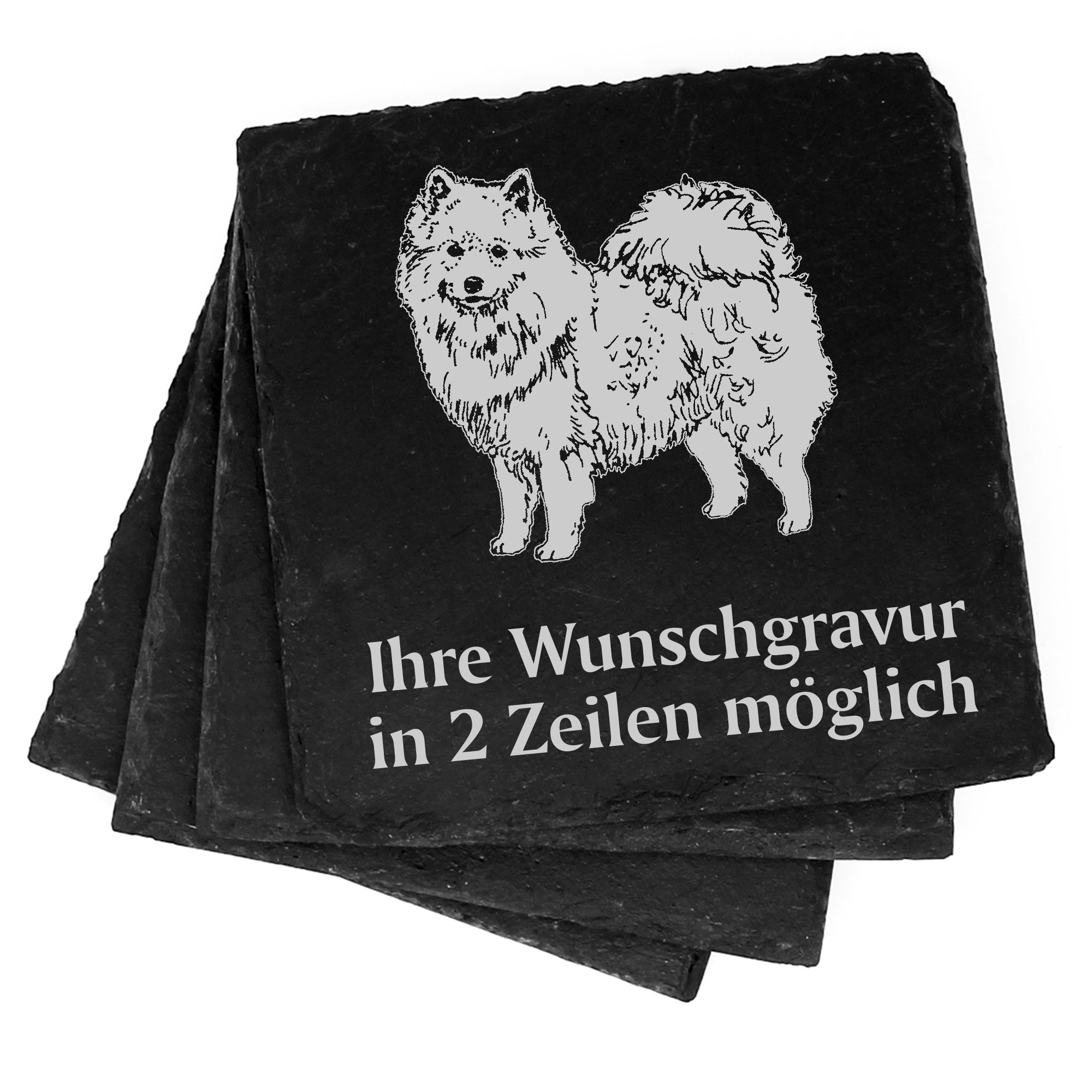 4x American Eskimo Dog Deko Schiefer Untersetzer Wunschgravur Set - 11 x 11 cm