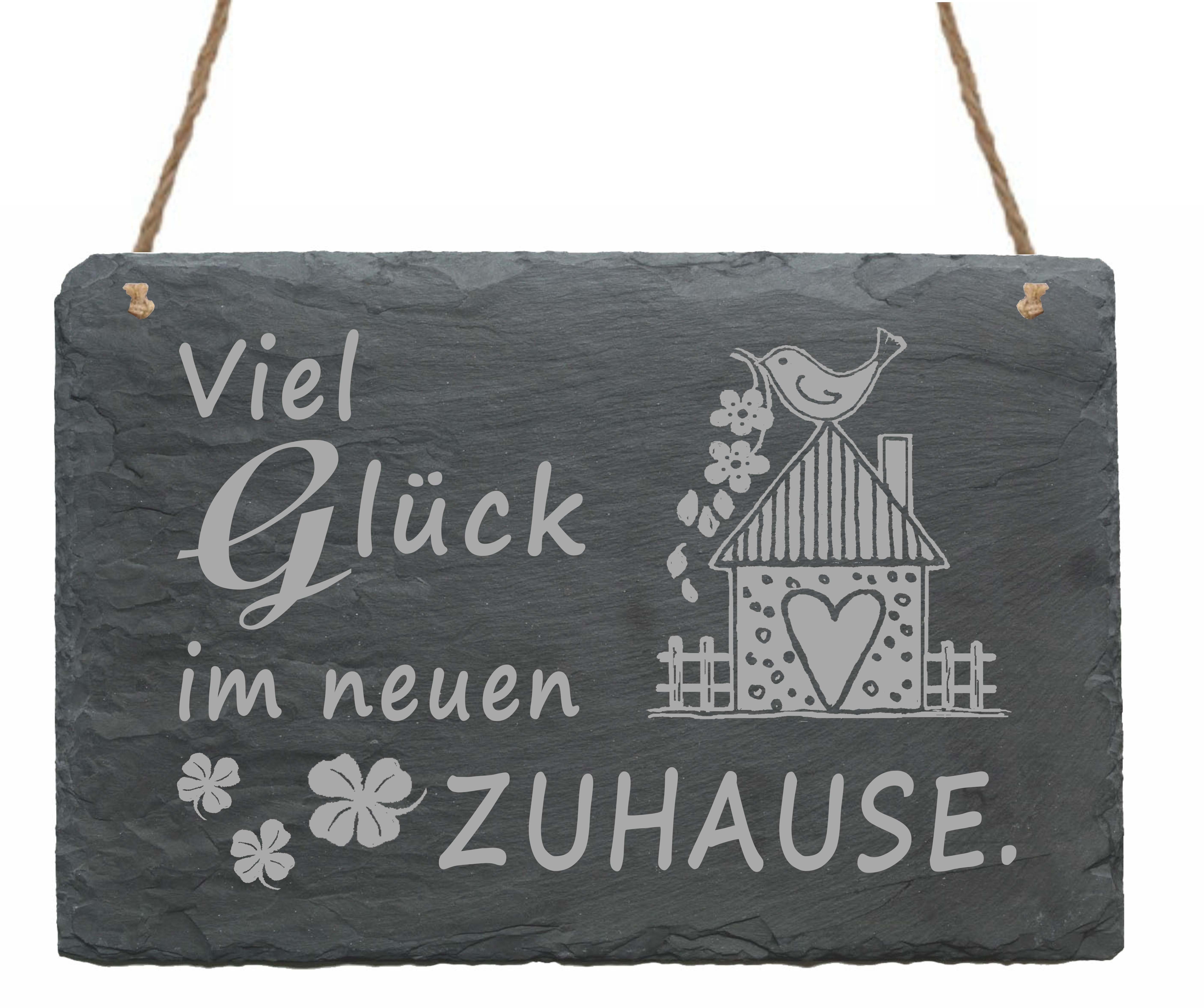 Schiefertafel « VIEL GLÜCK IM NEUEN ZUHAUSE » mit Motiv Vogelhaus