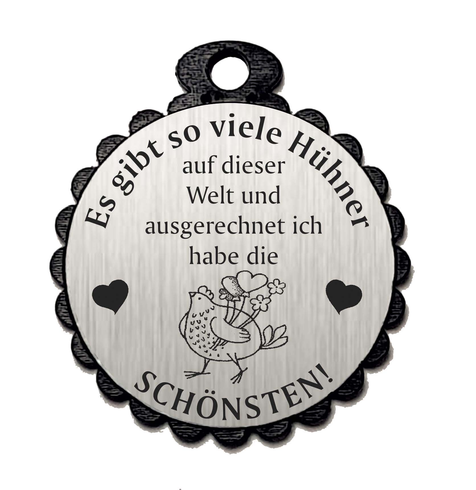 Runder Anhänger « DIE SCHÖNSTEN HÜHNER 03 » mit Motiv HUHN - Aluminium Look - silber