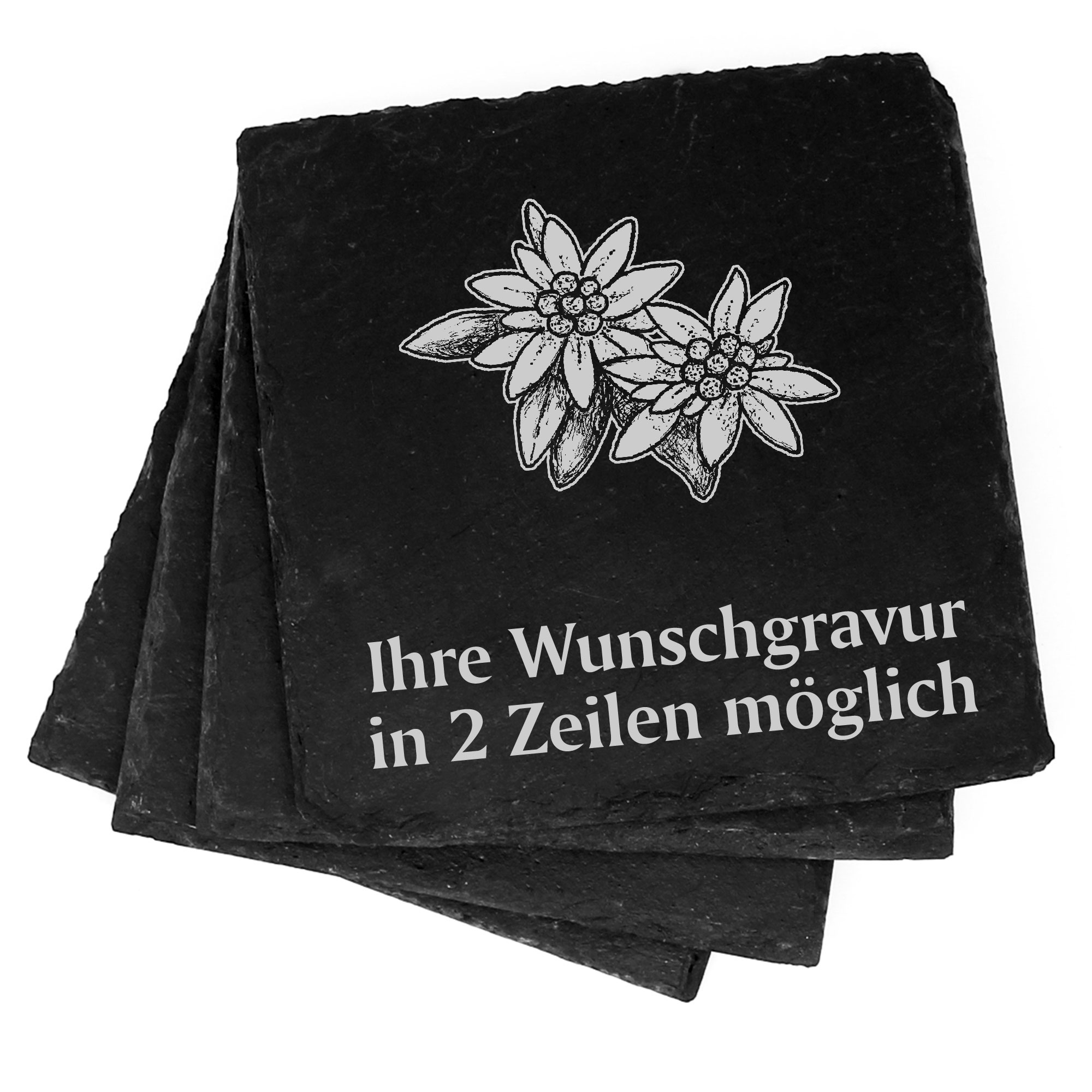 4x Alpen Edelweiss Deko Schiefer Untersetzer Wunschgravur Set - 11 x 11 cm