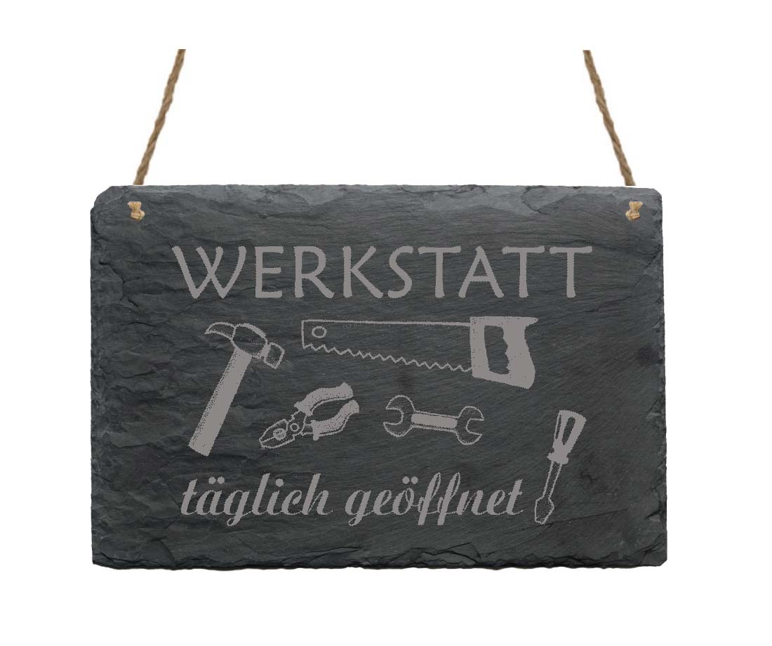 Schiefertafel « Werkstatt - täglich geöffnet »