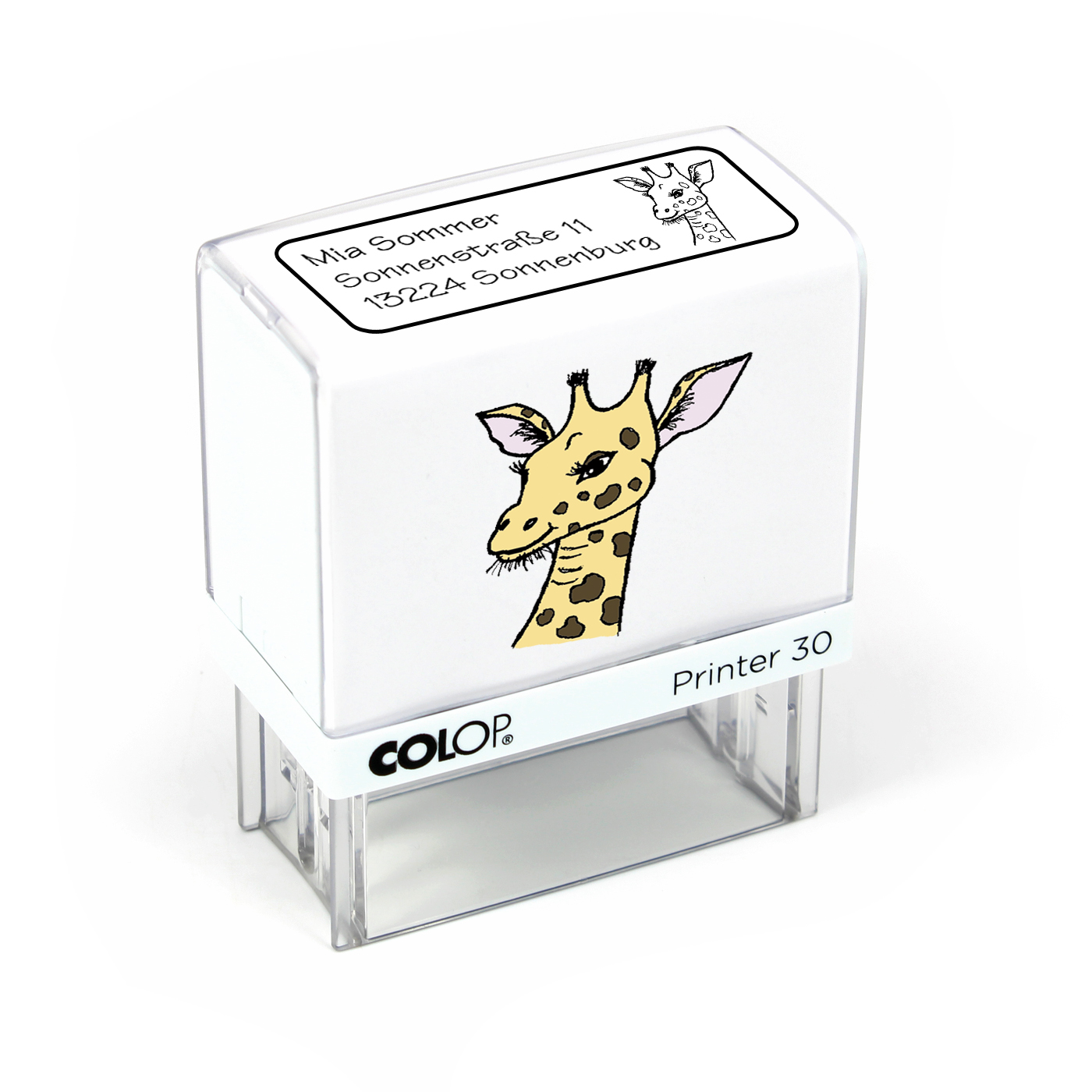 Kinderstempel Giraffe - Automatikstempel mit Namen, Adresse und Motiv 47 x 18 mm