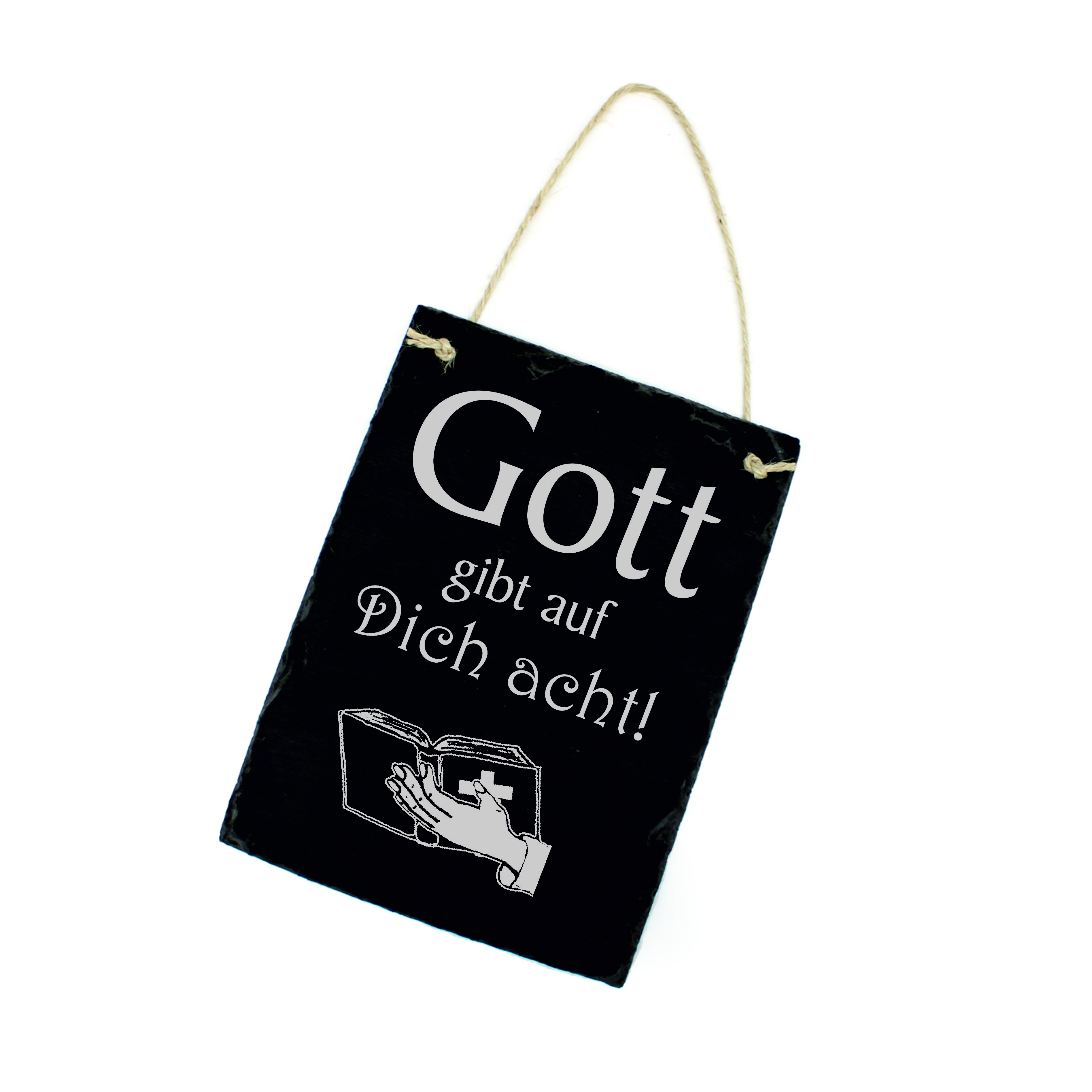 Schiefertafel Gott gibt auf dich acht - Schild hochkant 16x22 cm - Haussegen