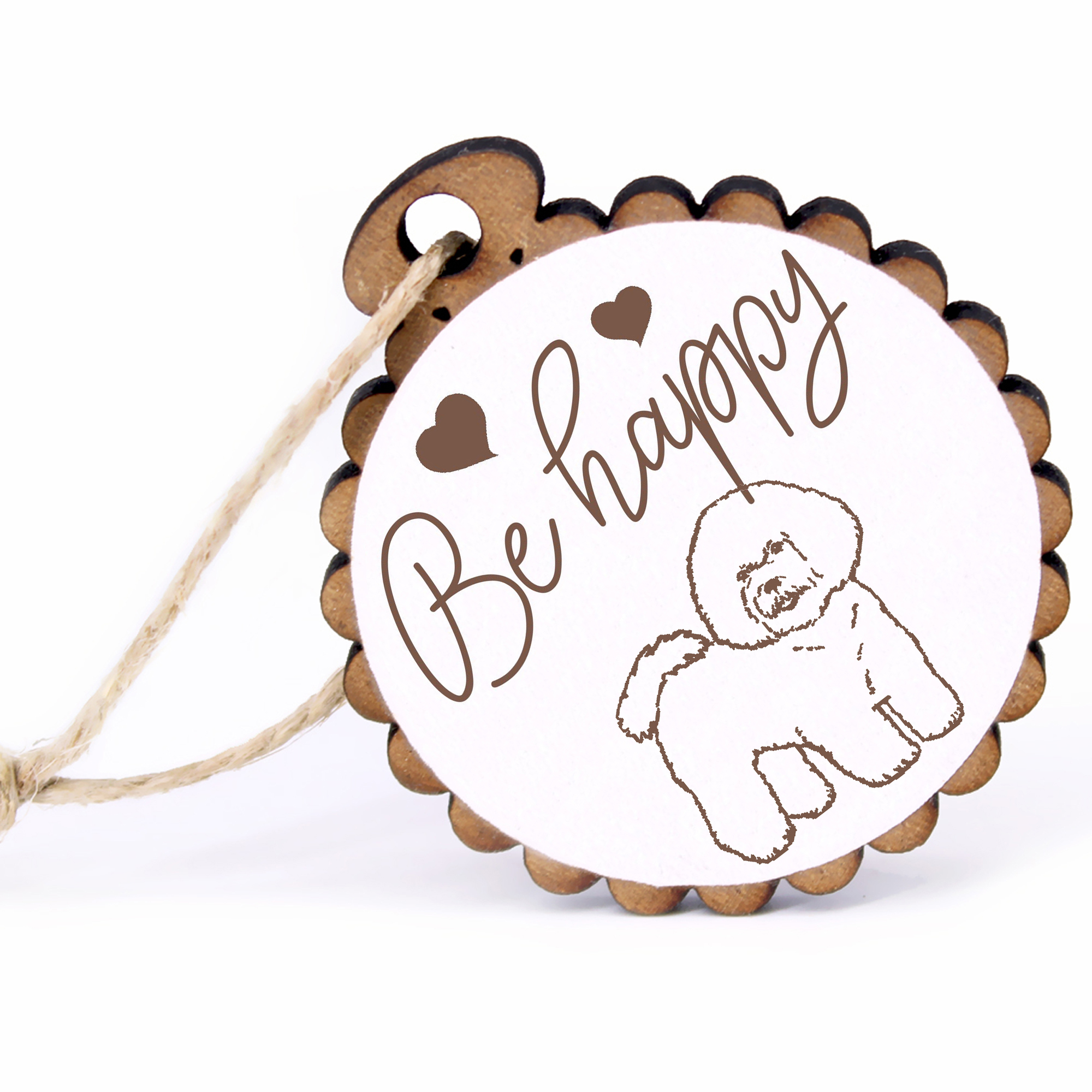 Geschenkanhänger - Be Happy Bichon Frisé -  Holz Ø-5cm - mit Juteband