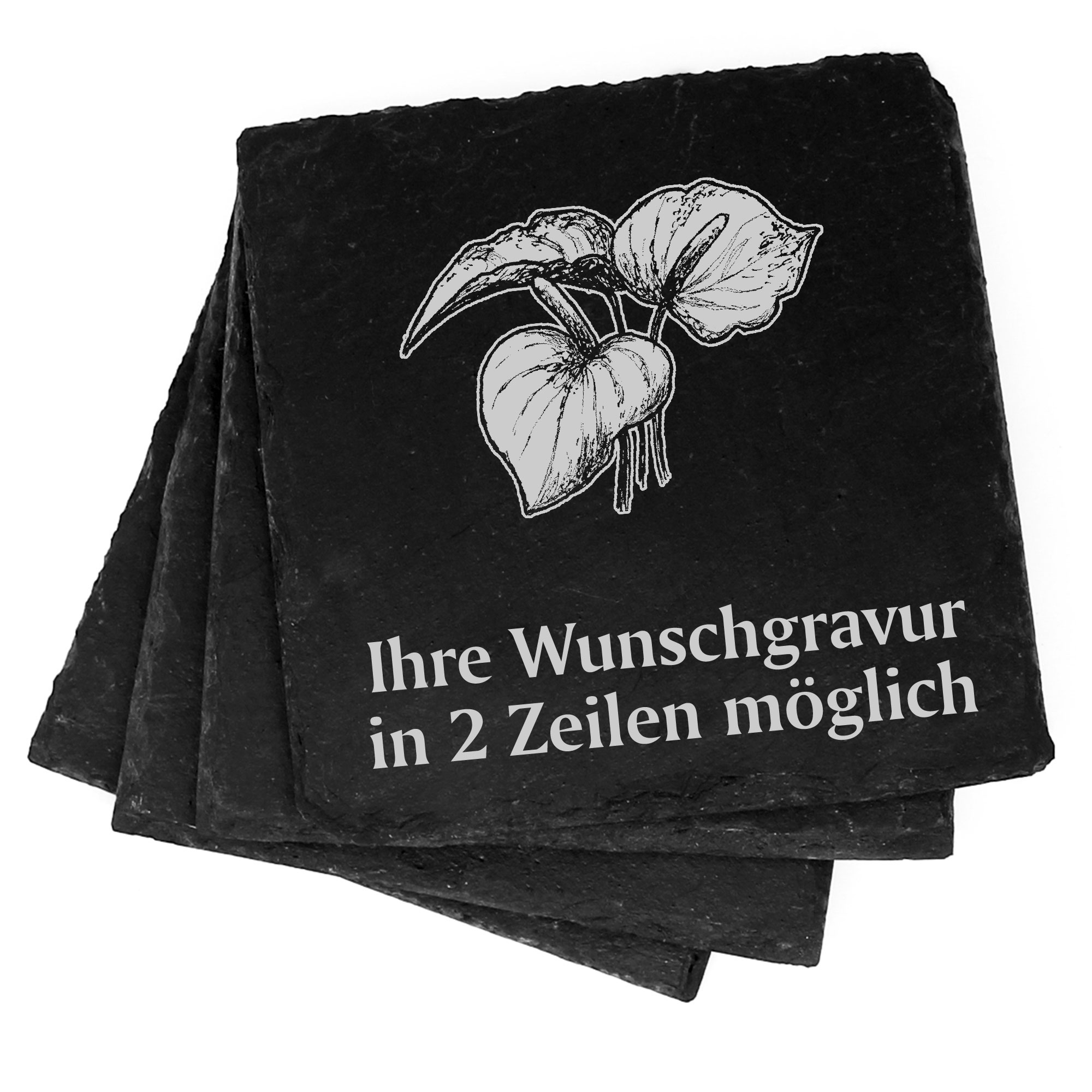 4x Anthurie Flamingoblume Deko Schiefer Untersetzer Wunschgravur Set - 11 x 11 cm