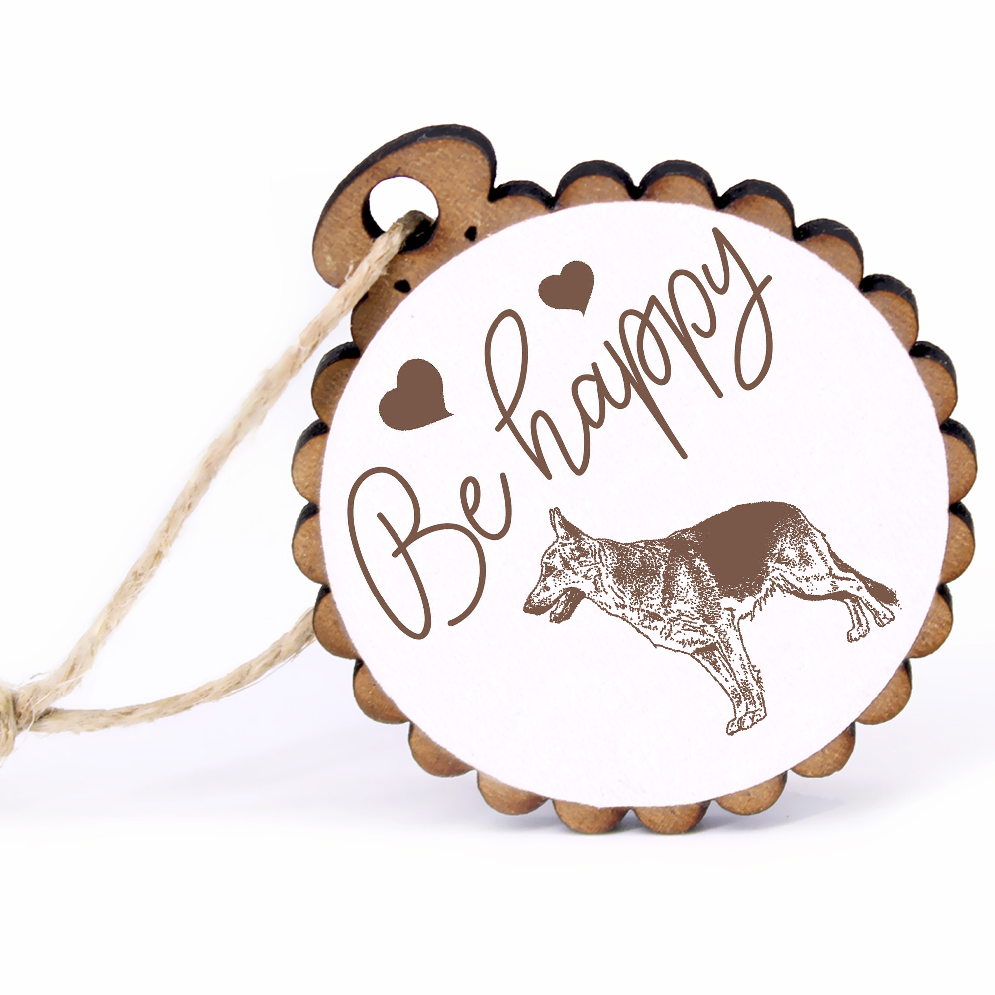 Geschenkanhänger - Be Happy Deutscher Schäferhund -  Holz Ø-5cm - mit Juteband