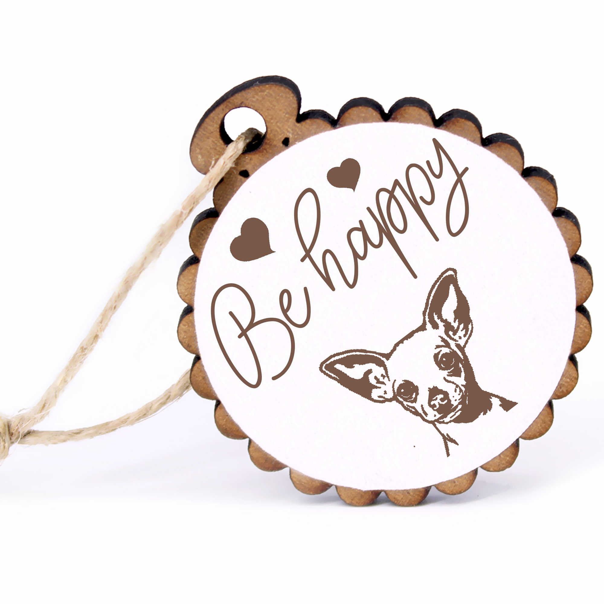 Geschenkanhänger - Be Happy Chihuahua Kopf -  Holz Ø-5cm - mit Juteband