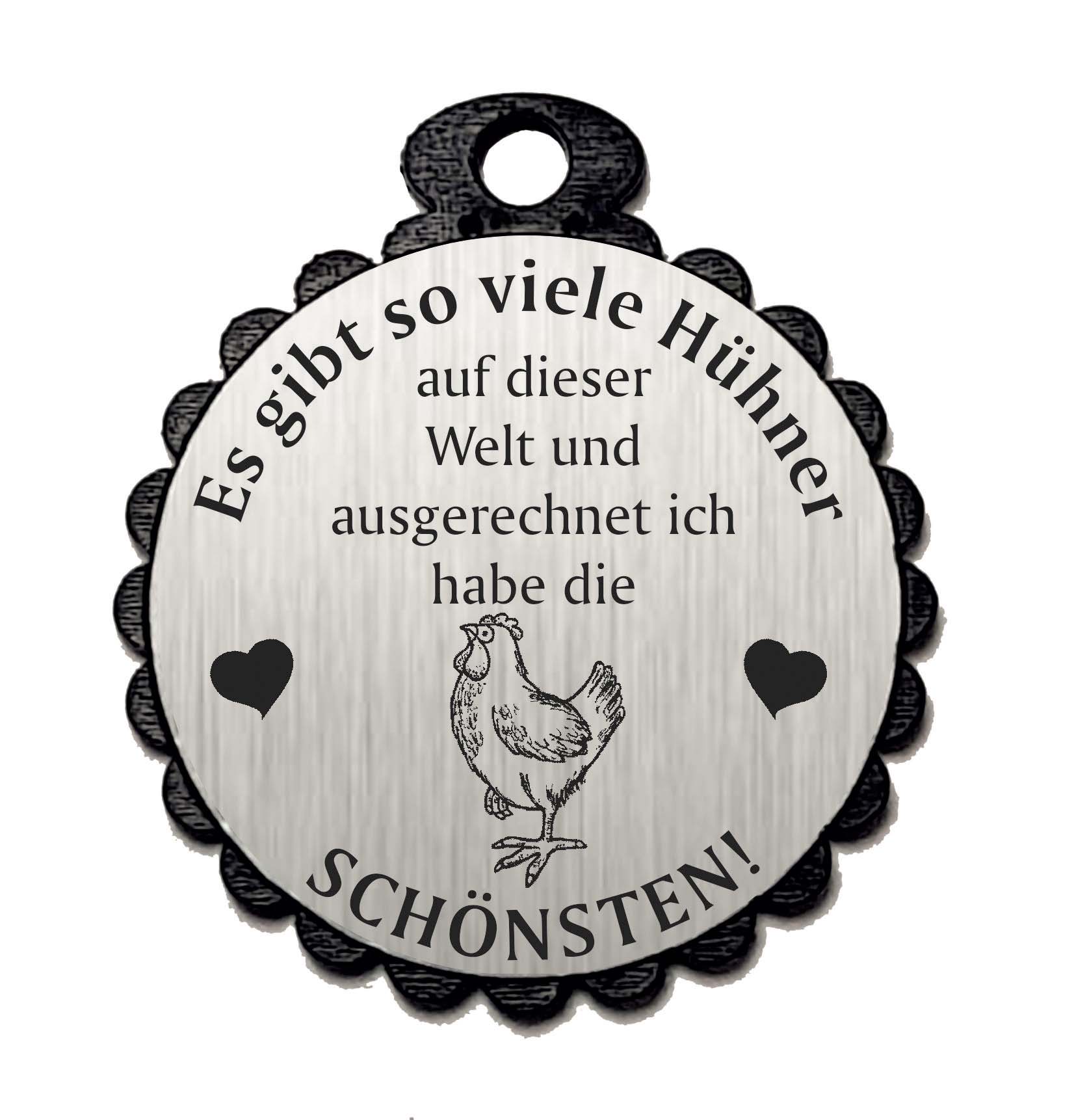 Runder Anhänger « DIE SCHÖNSTEN HÜHNER 05 » mit Motiv HUHN - Aluminium Look - silber