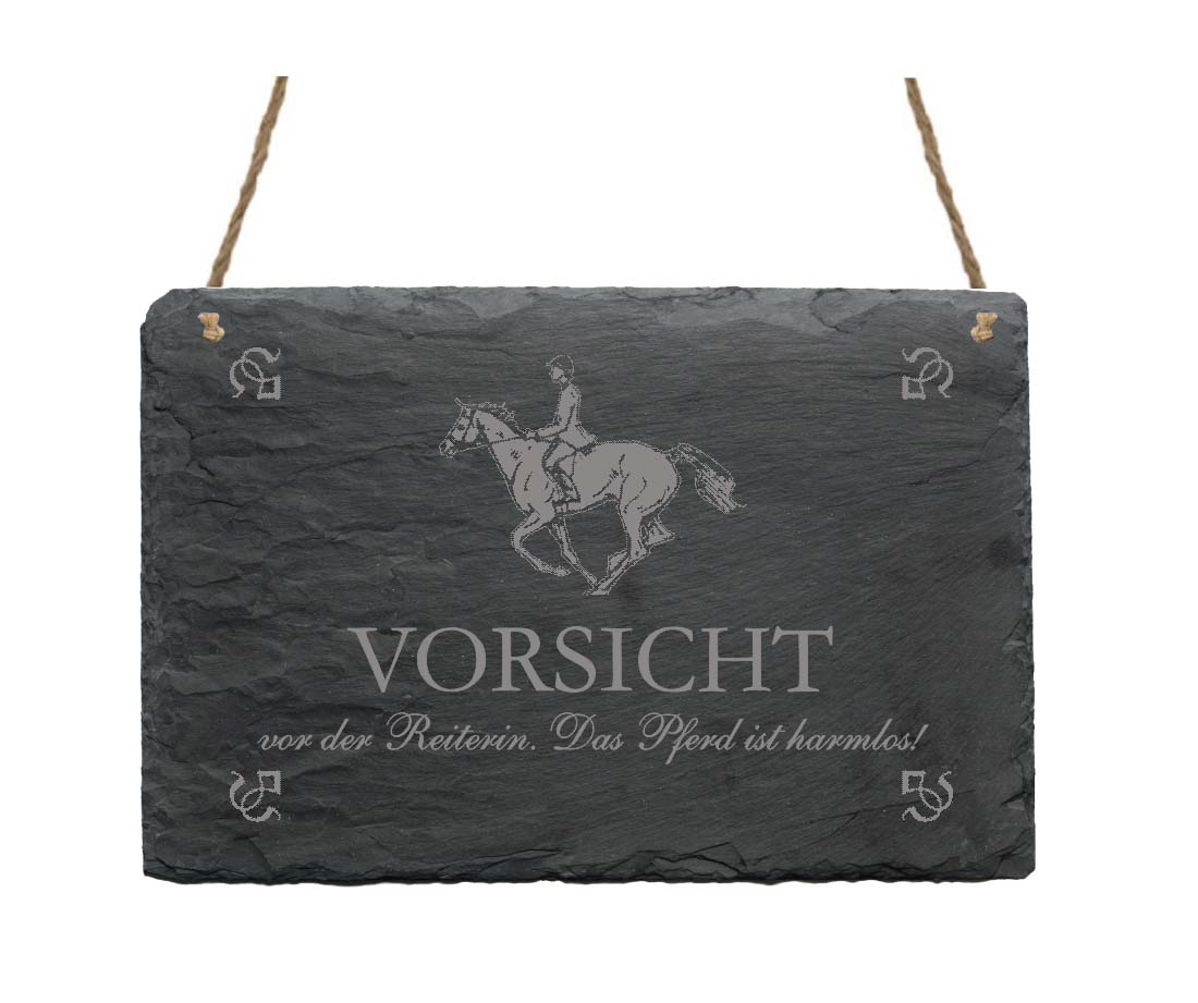 Schiefertafel « Vorsicht vor der Reiterin... » Pferd