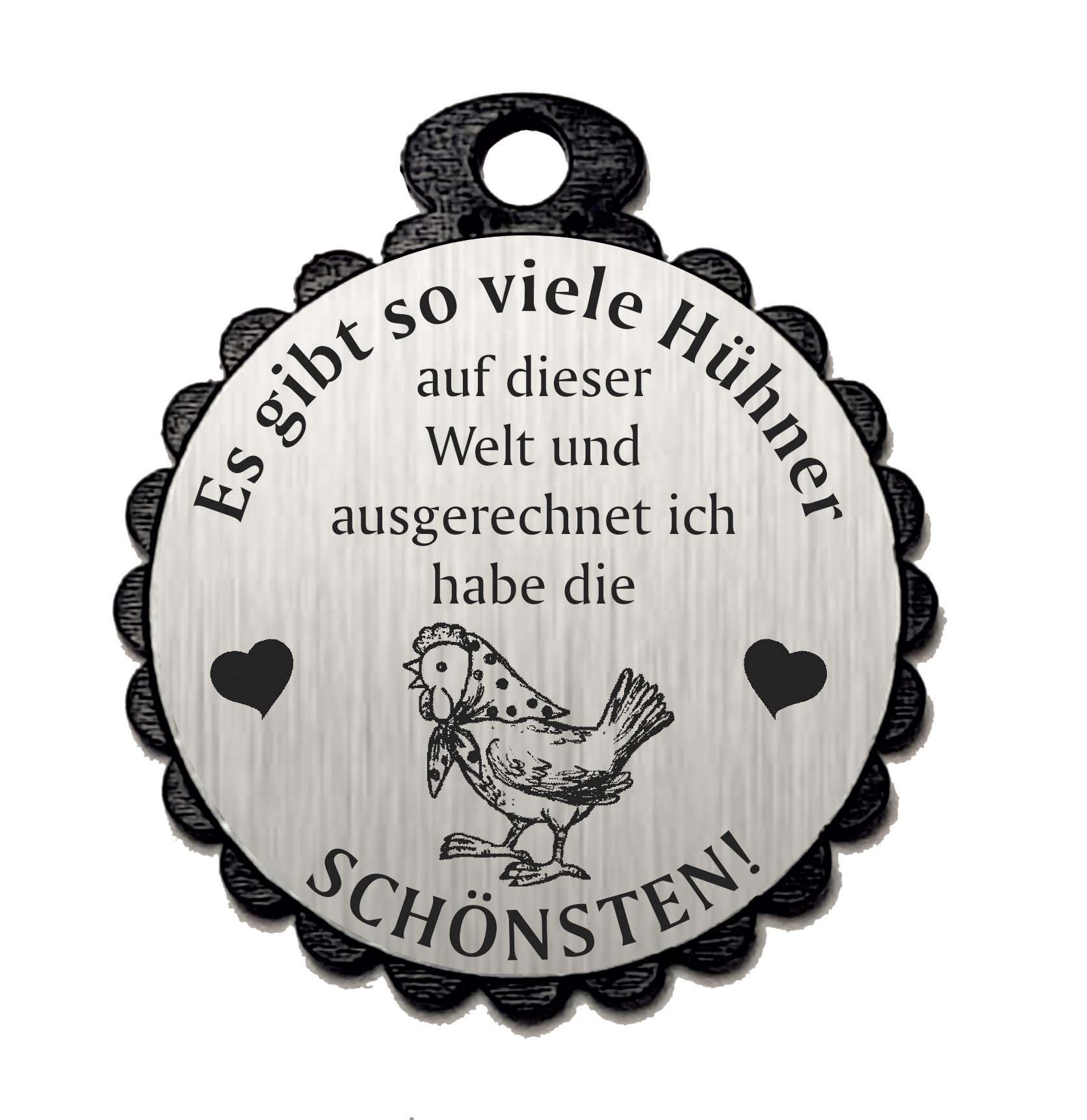 Runder Anhänger « DIE SCHÖNSTEN HÜHNER 06 » mit Motiv HUHN - Aluminium Look - silber