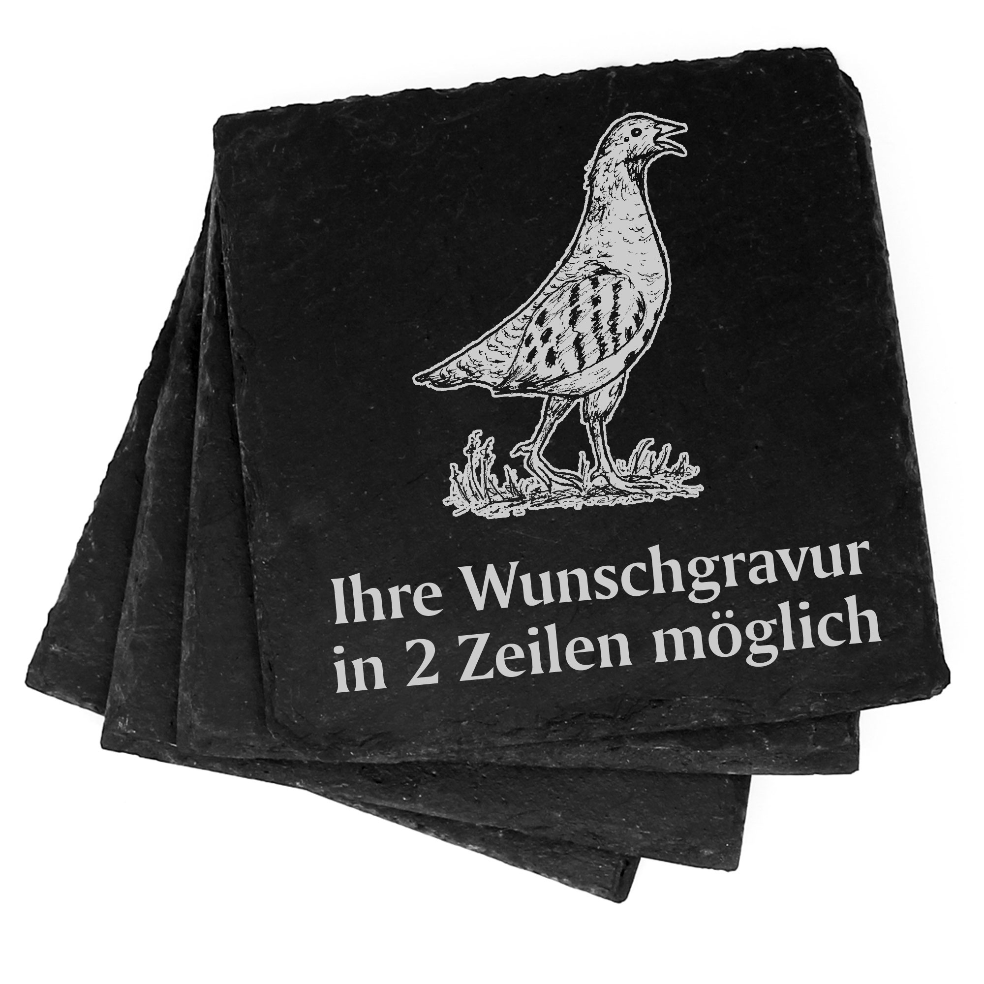 4x aufrechtes Rebhuhn Deko Schiefer Untersetzer Wunschgravur Set - 11 x 11 cm