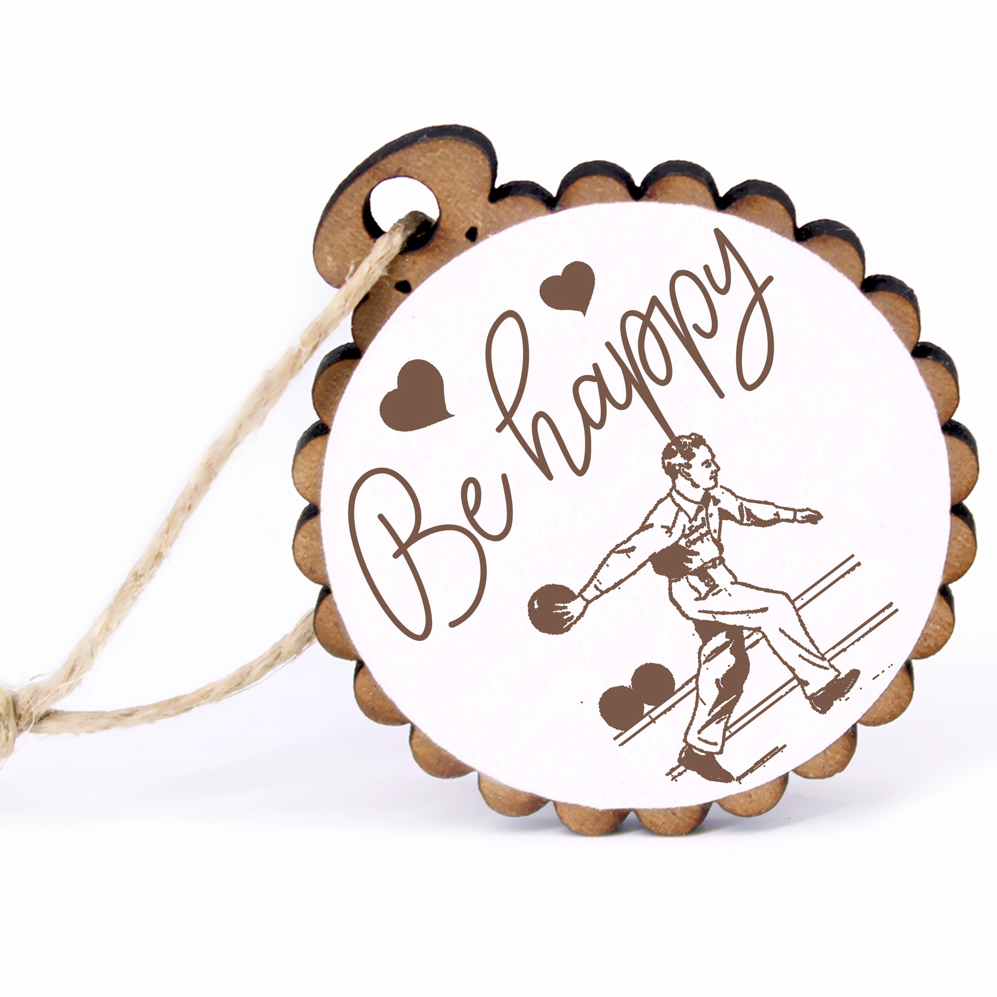 Geschenkanhänger - Be Happy Bowler -  Holz Ø-5cm - mit Juteband