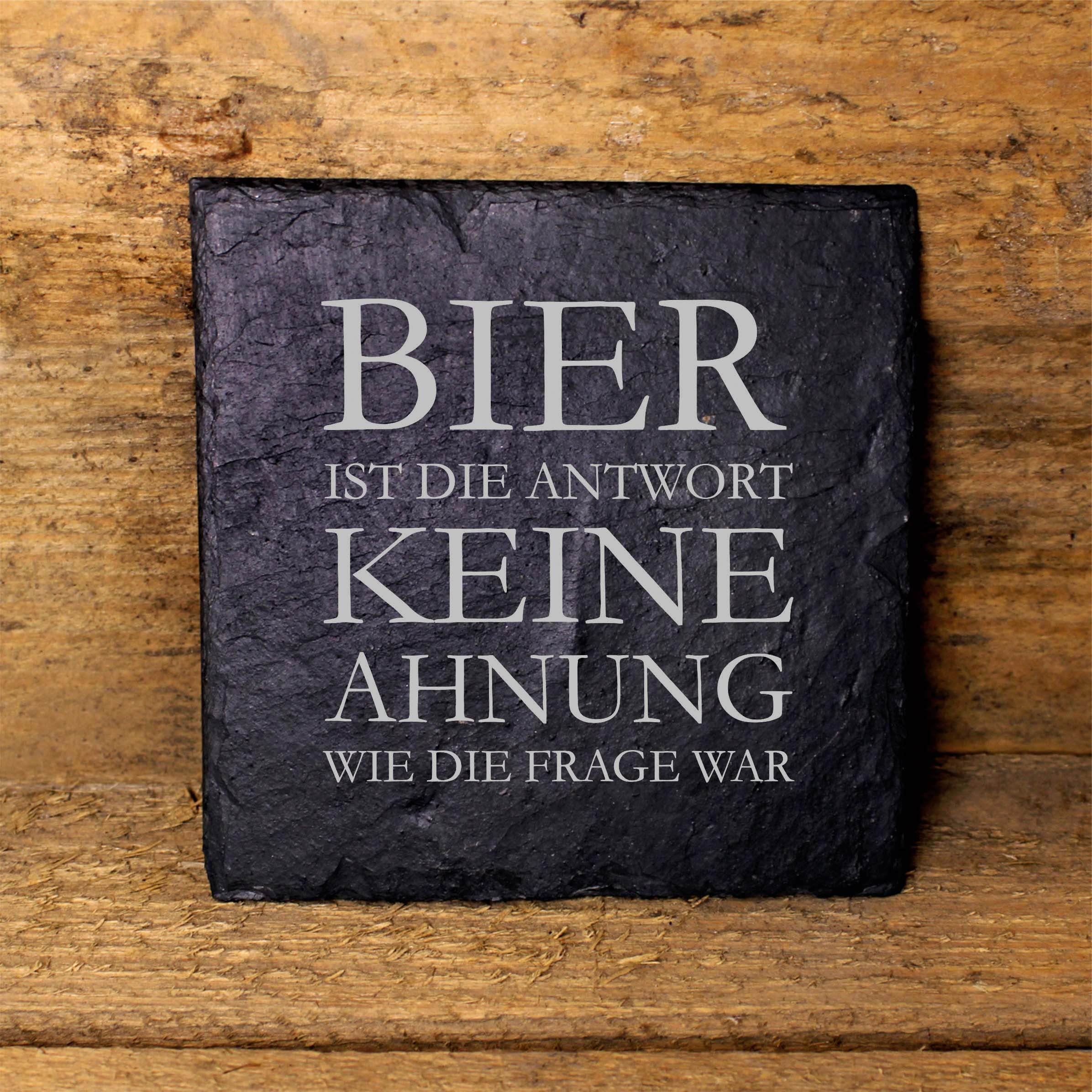 Bier Untersetzer Schiefer eckig Gravur mit Spruch Bier ist die Antwort Gläseruntersetzer 11x11cm