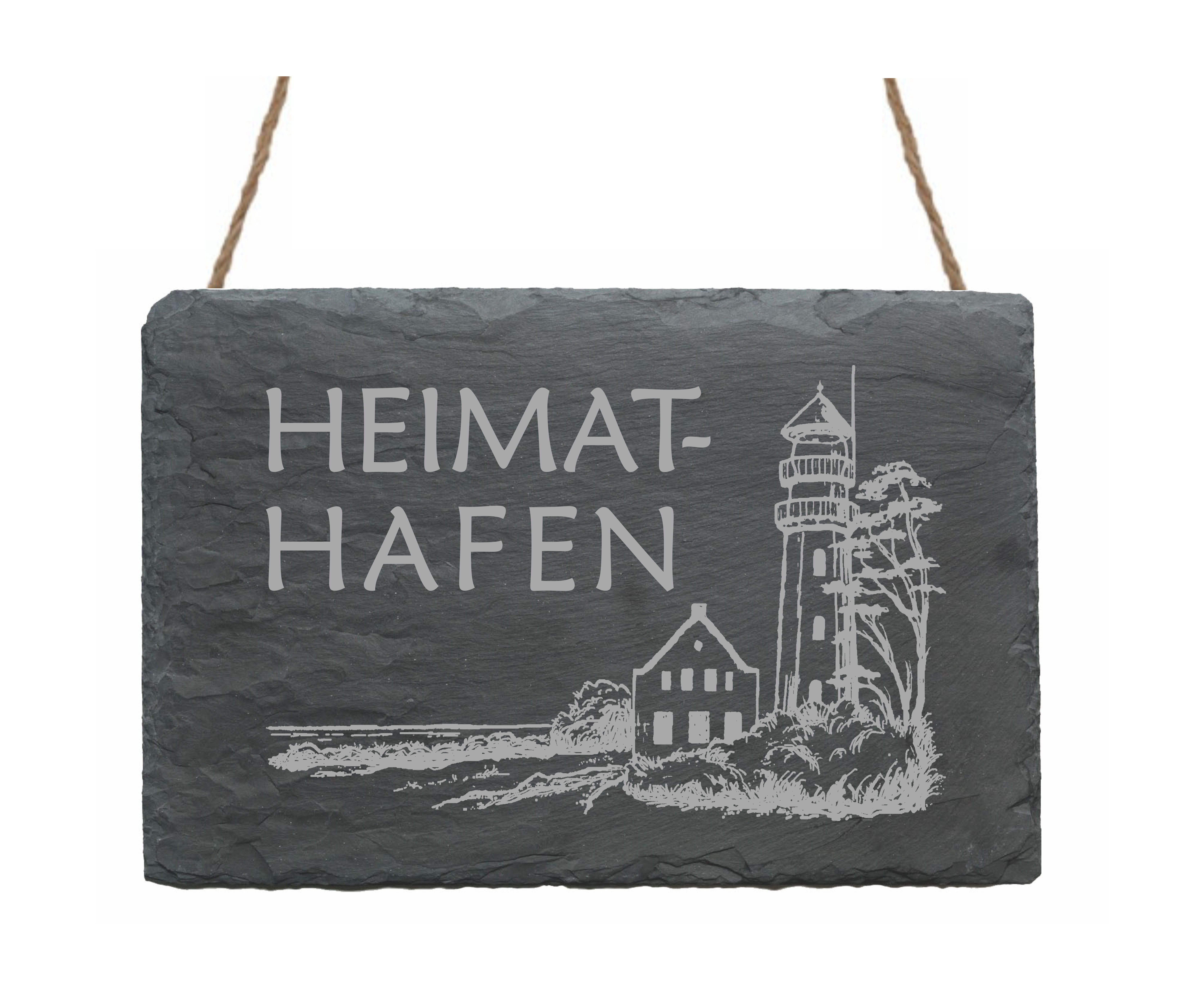 Schiefertafel « HEIMATHAFEN » Spruch mit Motiv Leuchtturm