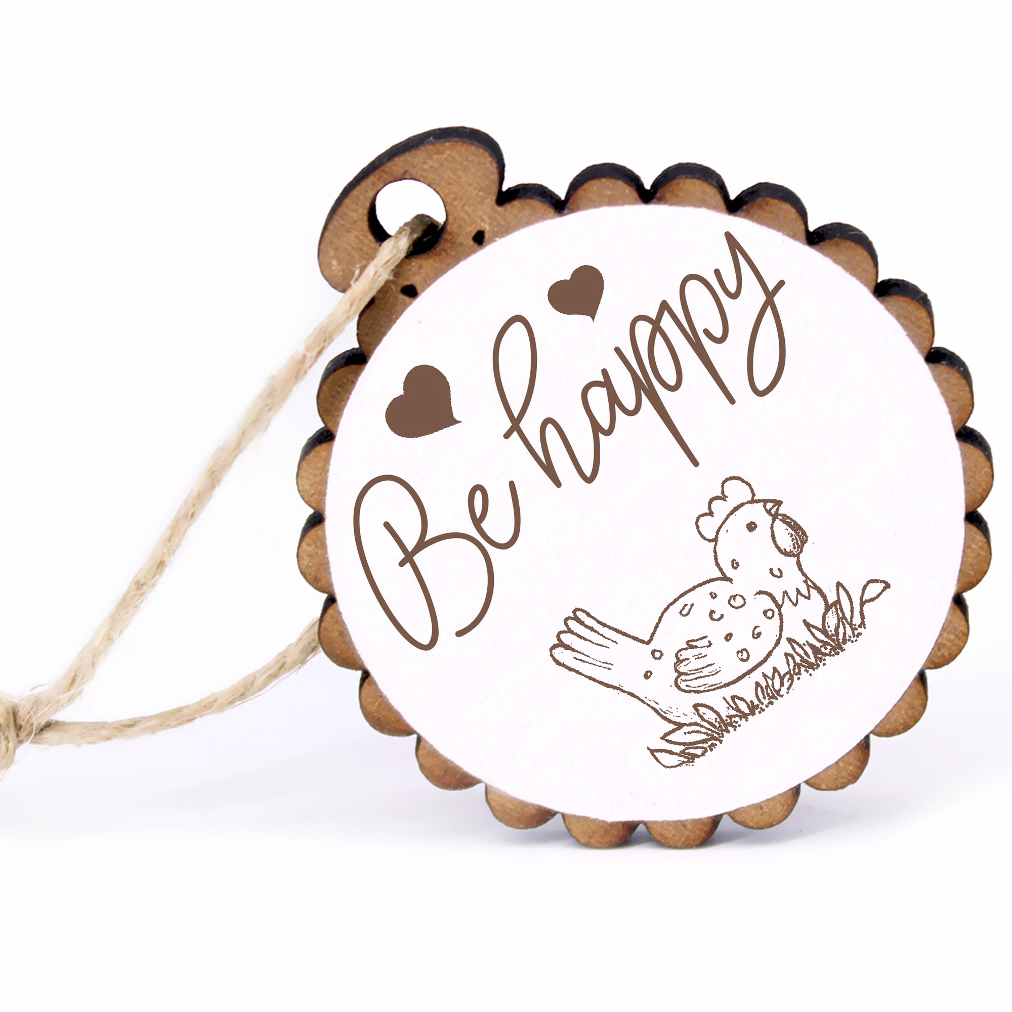 Geschenkanhänger - Be Happy liegendes Huhn -  Holz Ø-5cm - mit Juteband