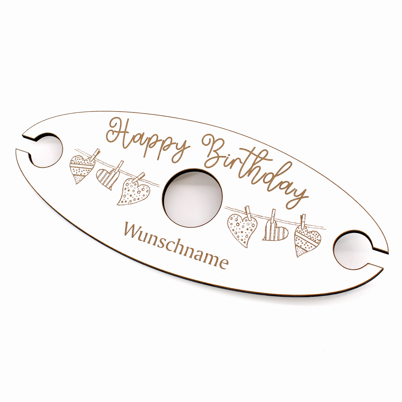 Ovaler Weinglashalter Happy Birthday mit Name und Herz Motiv - Weinbutler für 2 Weingläser 27x11 cm