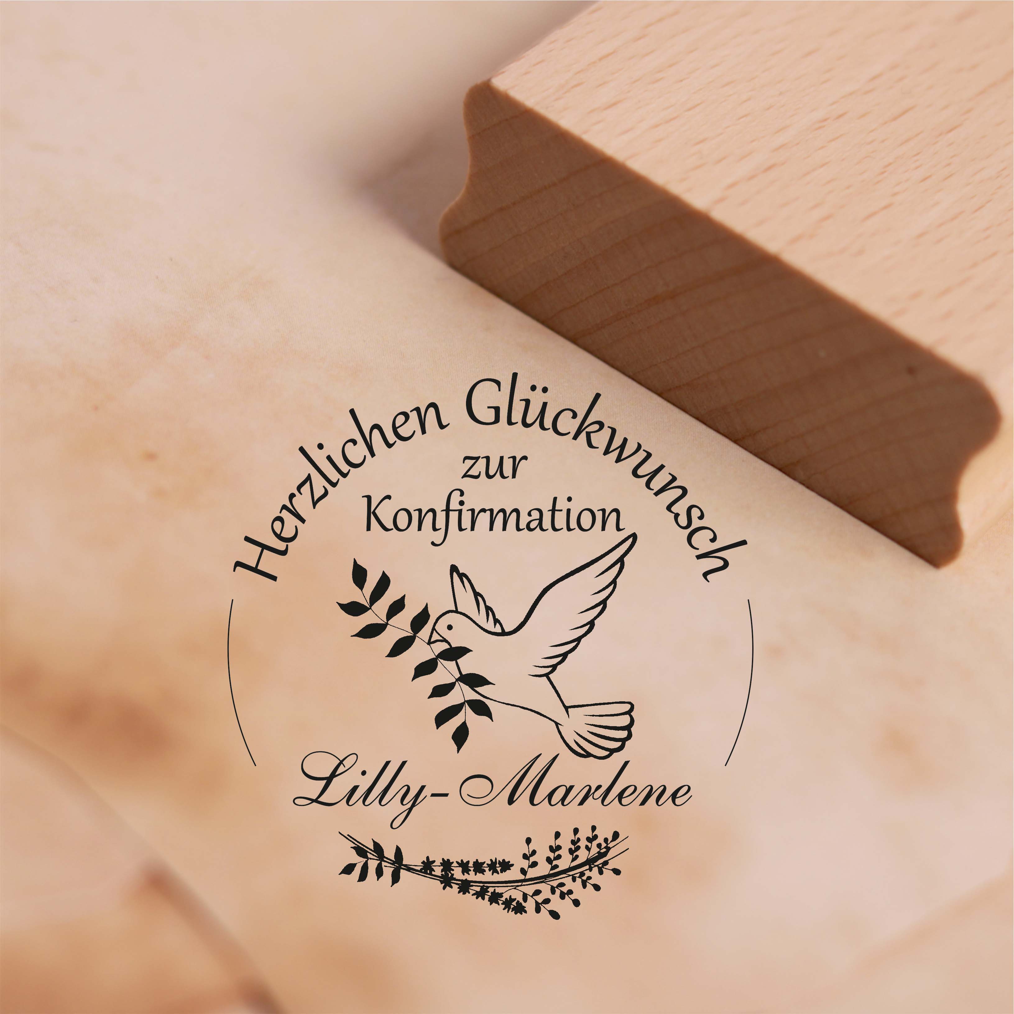 Stempel Herzlichen Glückwunsch zur Konfirmation mit Name - Taube Kranz Motivstempel 38 x 38