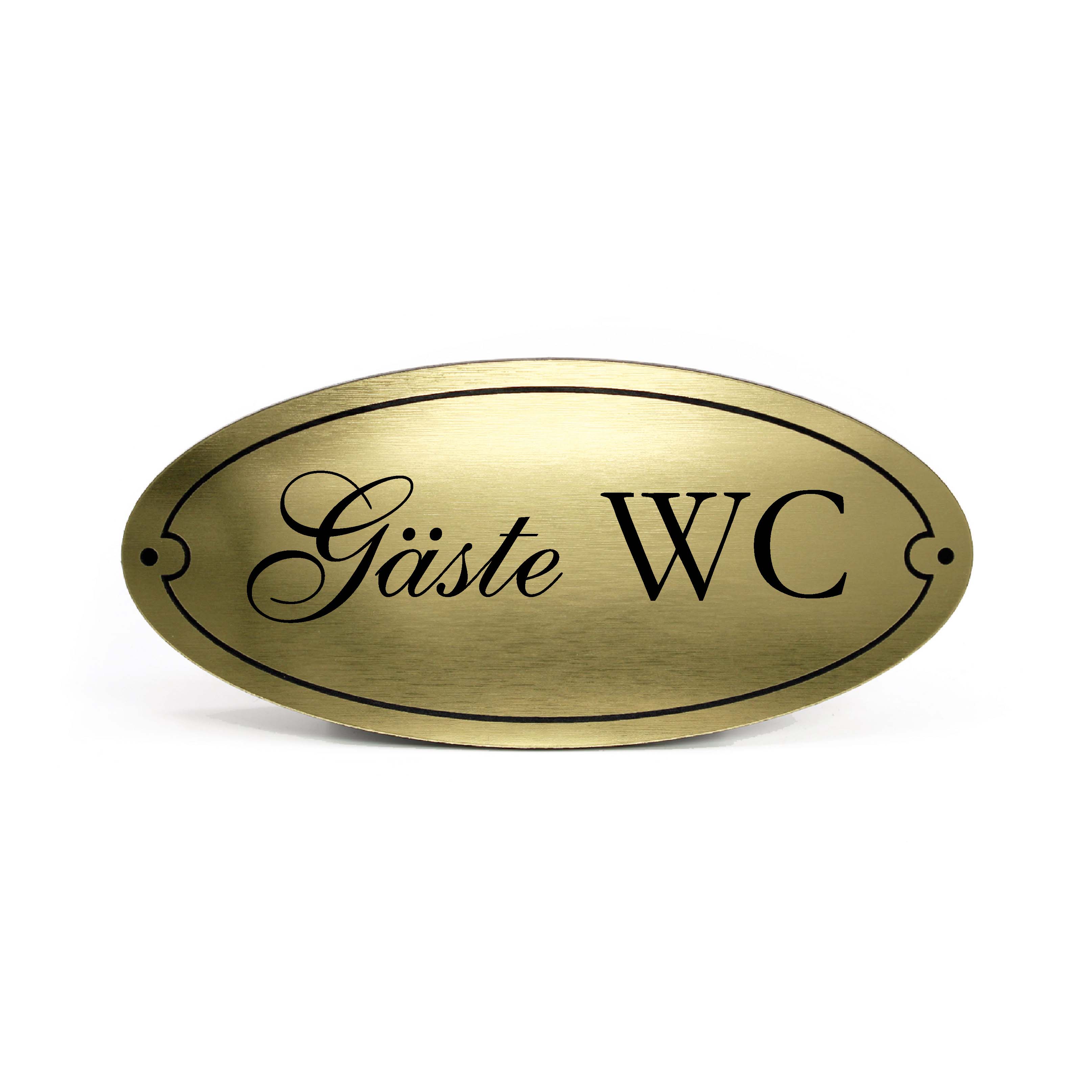 Gäste WC Schild Kunststoff gold graviert oval selbstklebend Gästetoilette Vintage Türschild 15x7cm