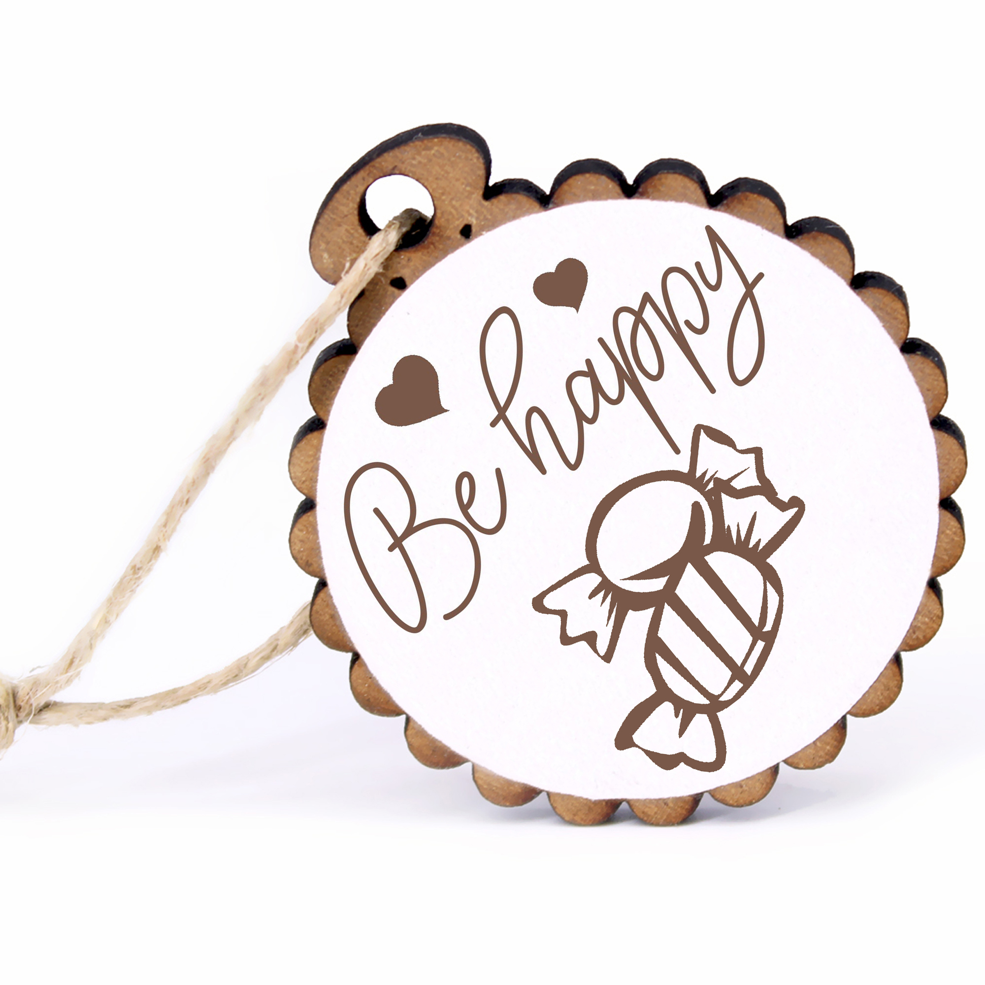 Geschenkanhänger - Be Happy Bonbons -  Holz Ø-5cm - mit Juteband