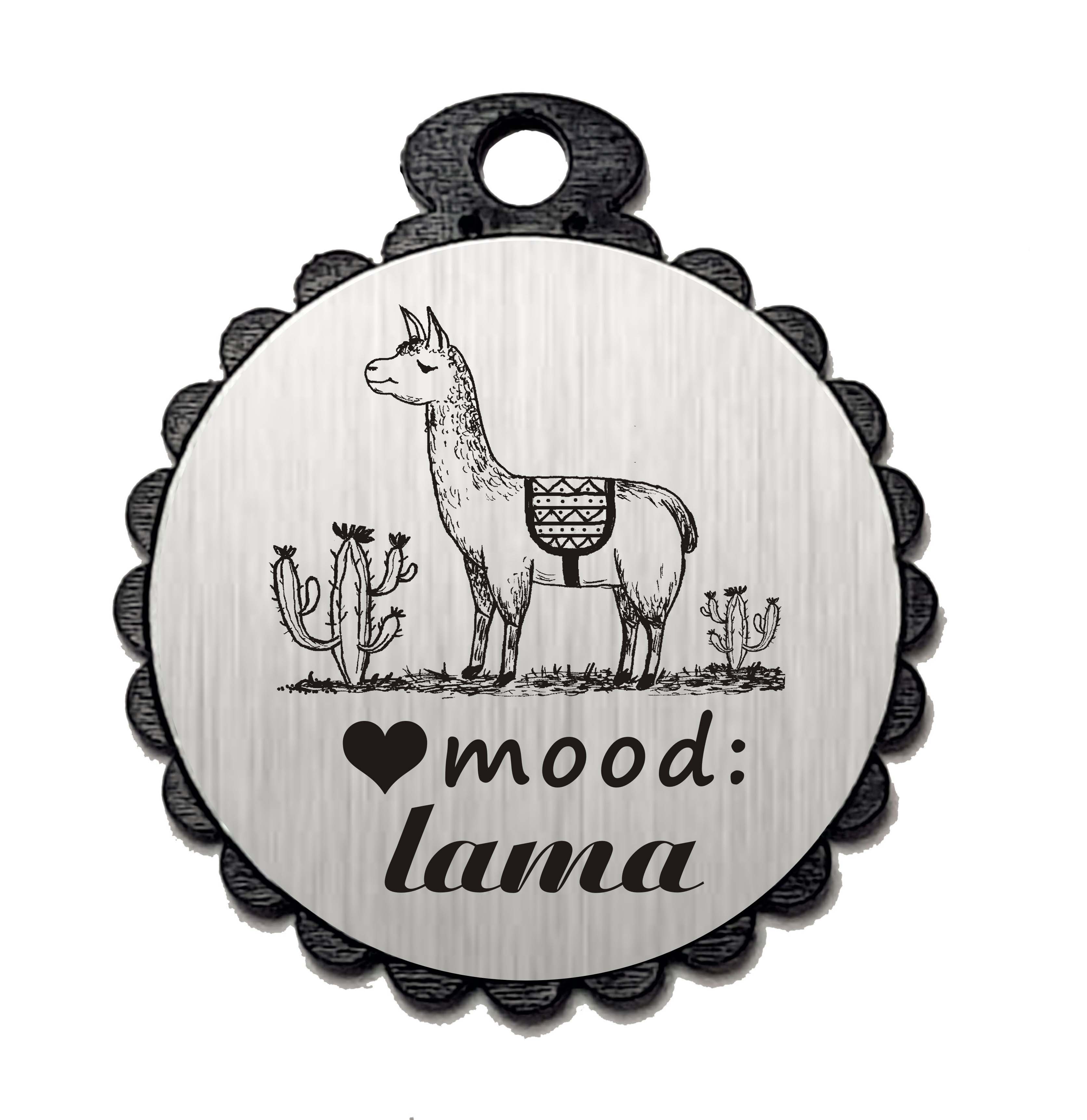 Runder Anhänger « MOOD: LAMA » mit Motiv Herz KAKTUS - Aluminium Look - silber