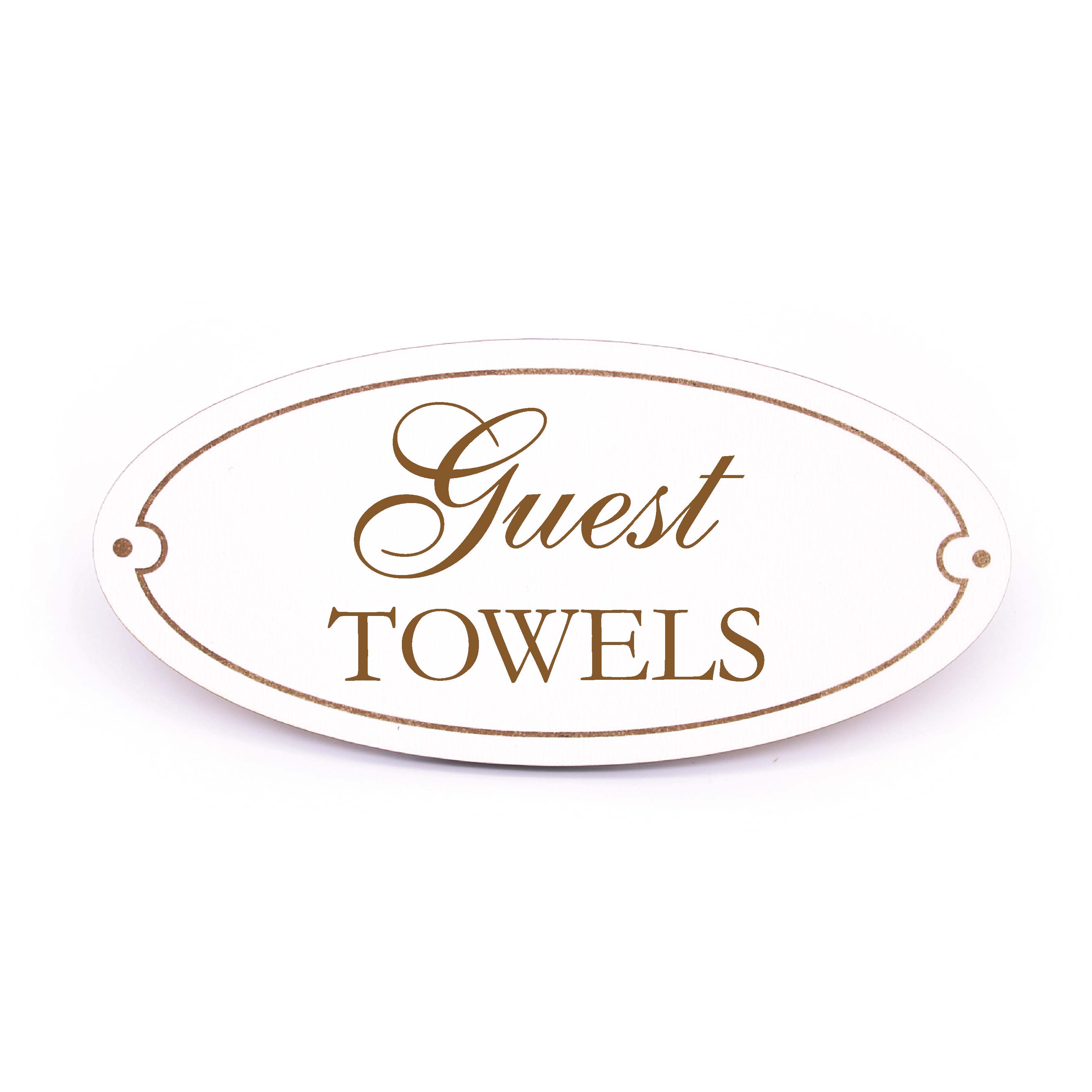 Guest Towels Schild Holz weiß graviert oval selbstklebend Türschild englisch Gästehandtücher 15 x 7 