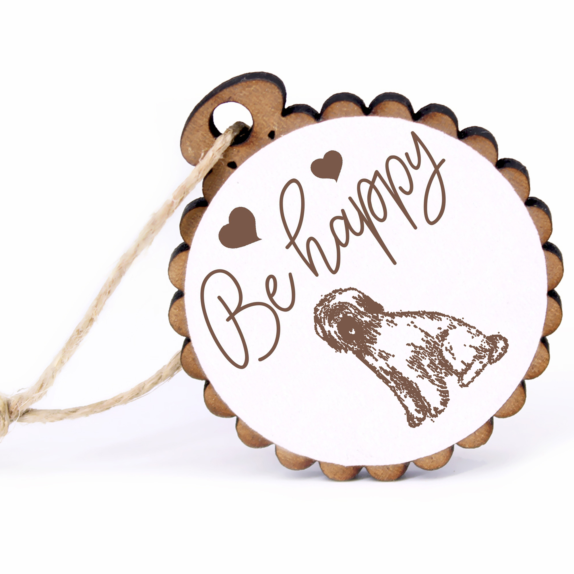 Geschenkanhänger - Be Happy Briard -  Holz Ø-5cm - mit Juteband