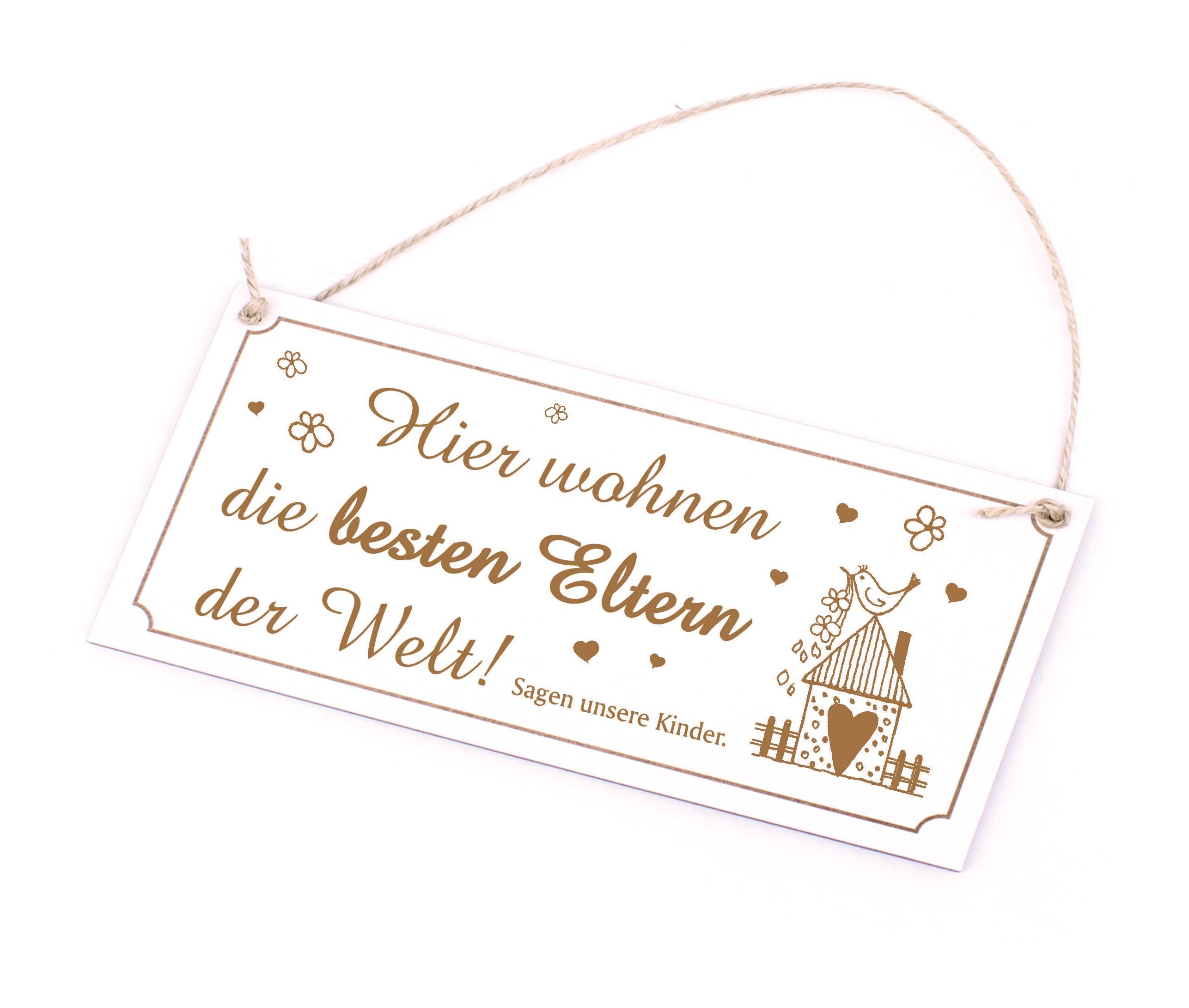 Mama Papa Schild Holz Spruch Hier wohnen die besten Eltern der Welt Geschenk graviert 20 x 10 cm