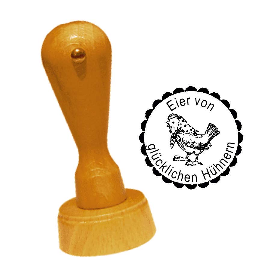 Stempel « EIER VON GLÜCKLICHEN HÜHNERN 06 » Henne mit Kopftuch • inkl. Personalisierung Ø 20 mm