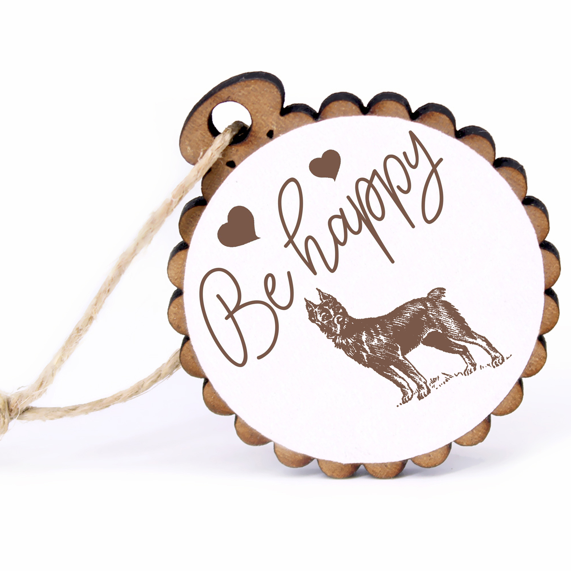 Geschenkanhänger - Be Happy Bouvier -  Holz Ø-5cm - mit Juteband