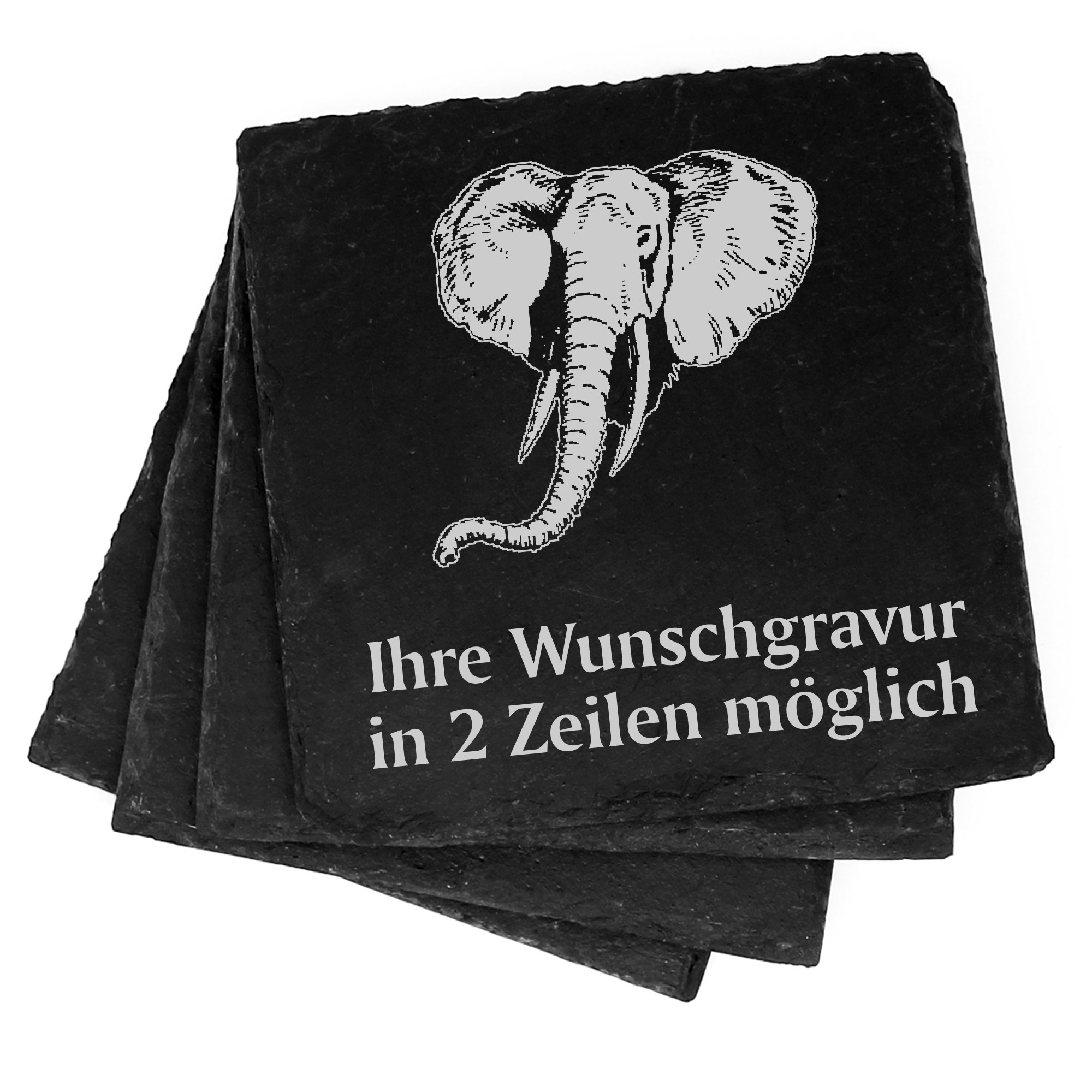 4x Elefant Kopf Deko Schiefer Untersetzer Wunschgravur Set - 11 x 11 cm