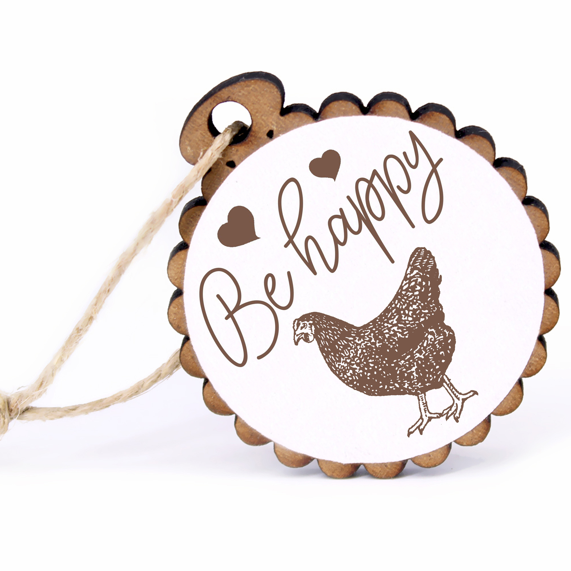 Geschenkanhänger - Be Happy dunkles Huhn -  Holz Ø-5cm - mit Juteband