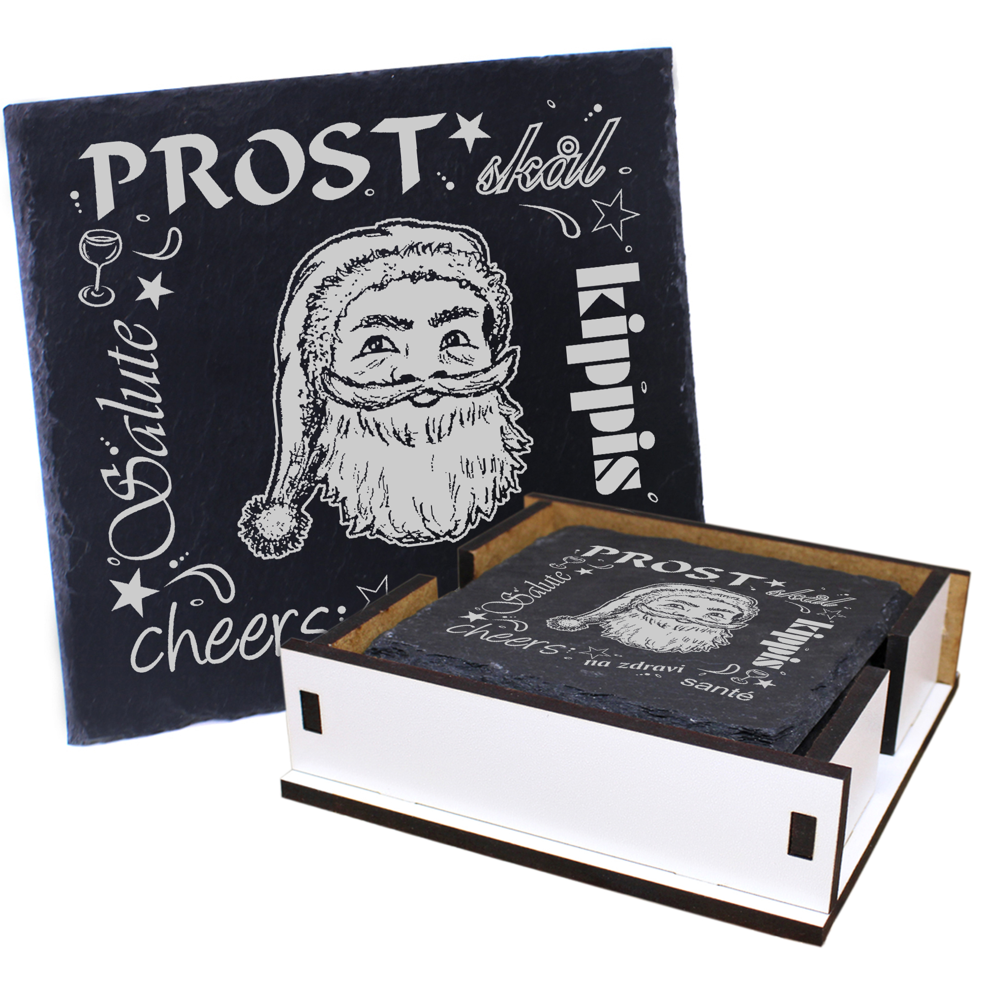 5 x Schiefer Untersetzer - Prost Weihnachtsmann - inkl. Holzbox & Flaschenuntersetzer