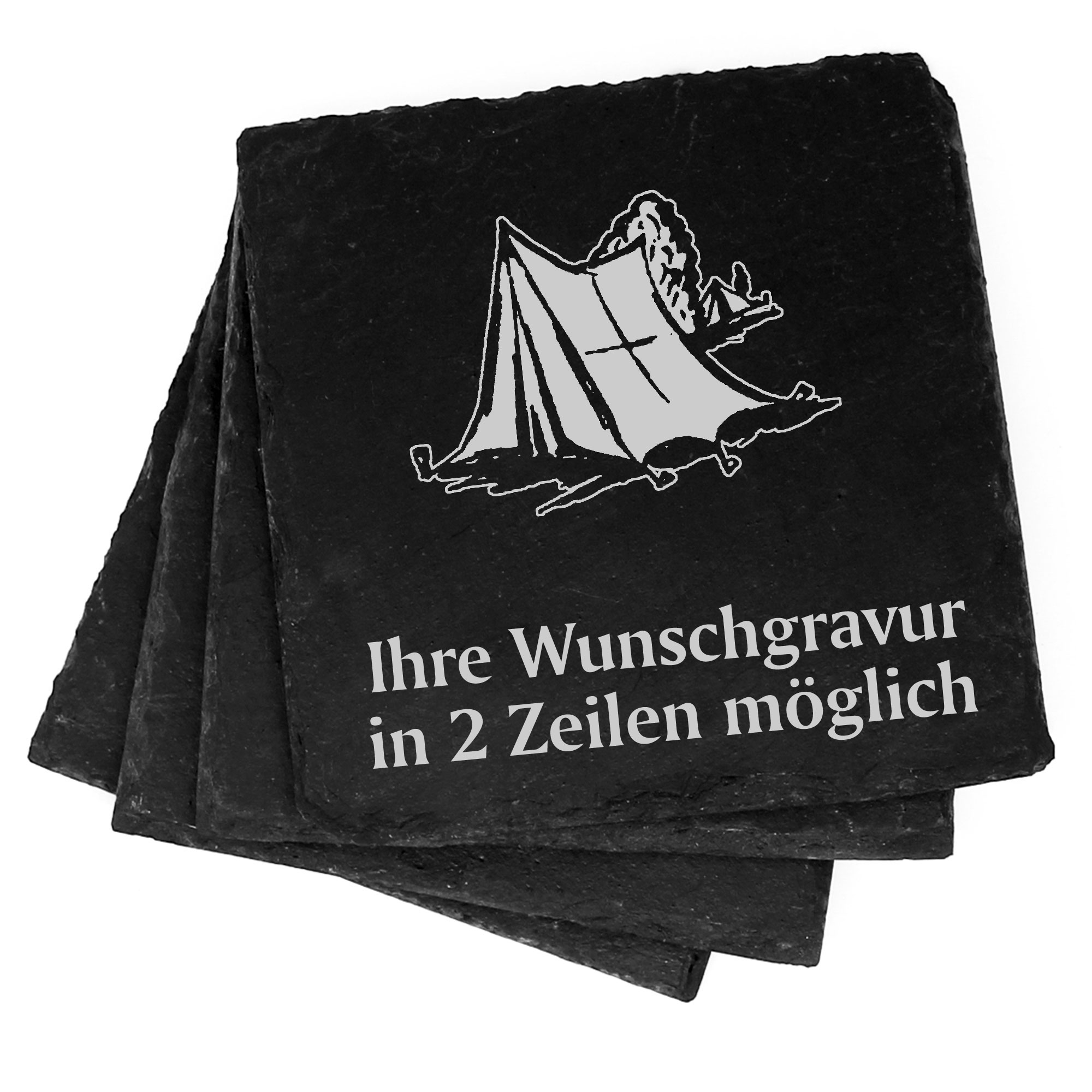 4x Campingzelt Deko Schiefer Untersetzer Wunschgravur Set - 11 x 11 cm