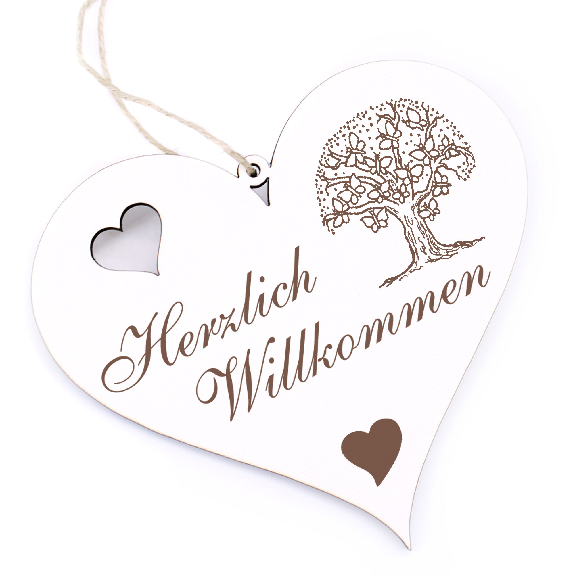 Herzlich Willkommen Schild - Baum aus Schmetterlingen - Deko Herz Holz