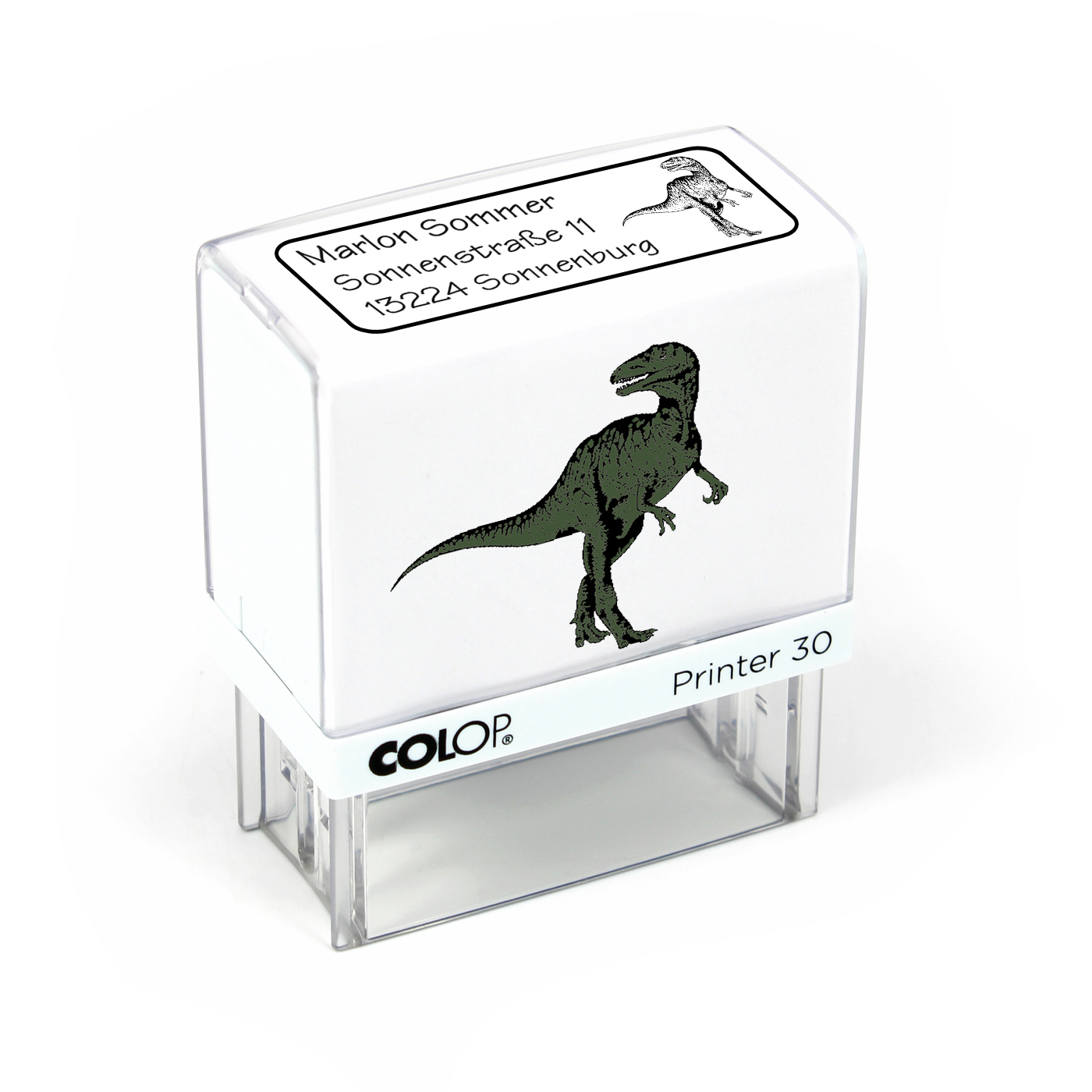 Kinderstempel Dino Dinosaurier - Automatikstempel mit Namen, Adresse und Motiv 47 x 18 mm