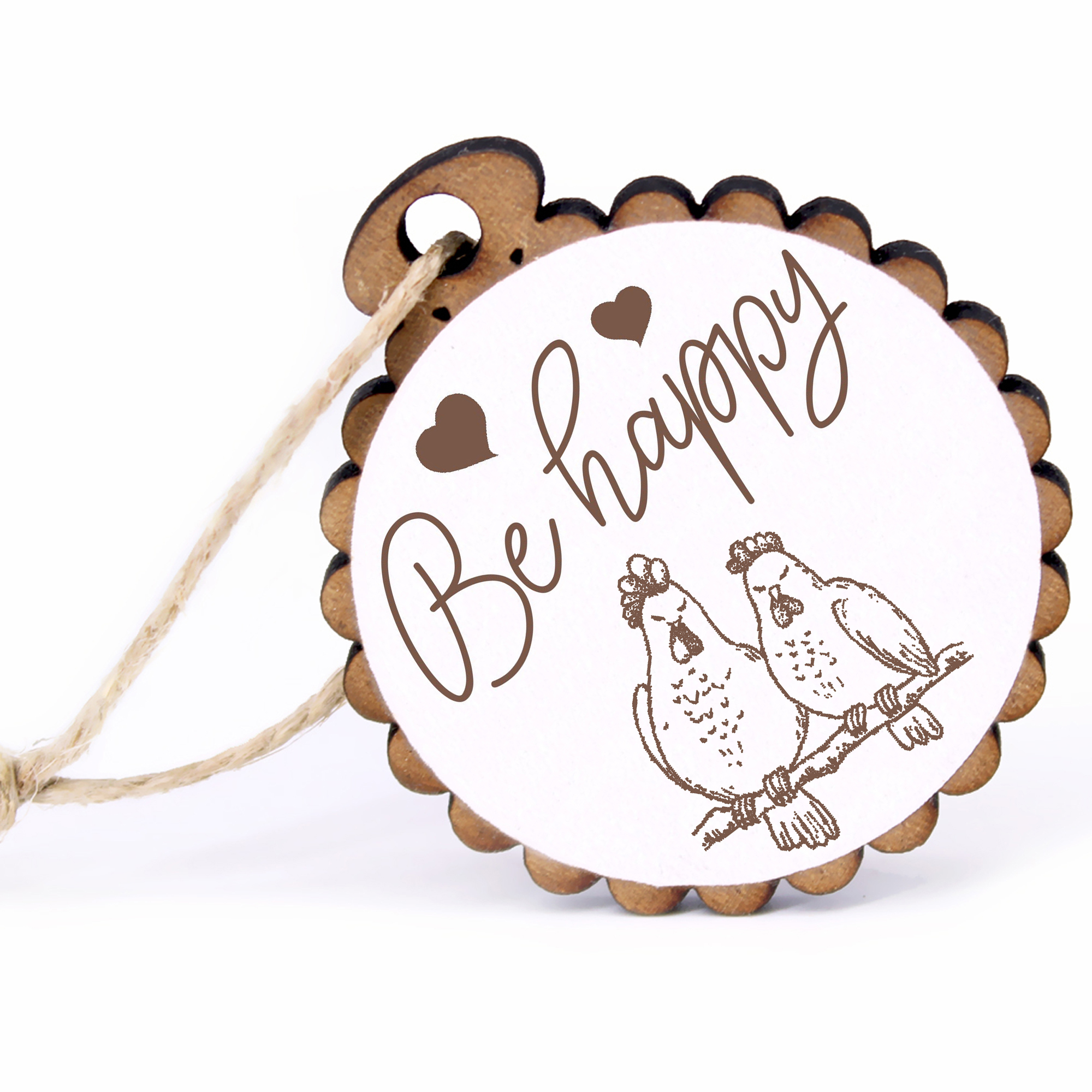 Geschenkanhänger - Be Happy Hühner -  Holz Ø-5cm - mit Juteband