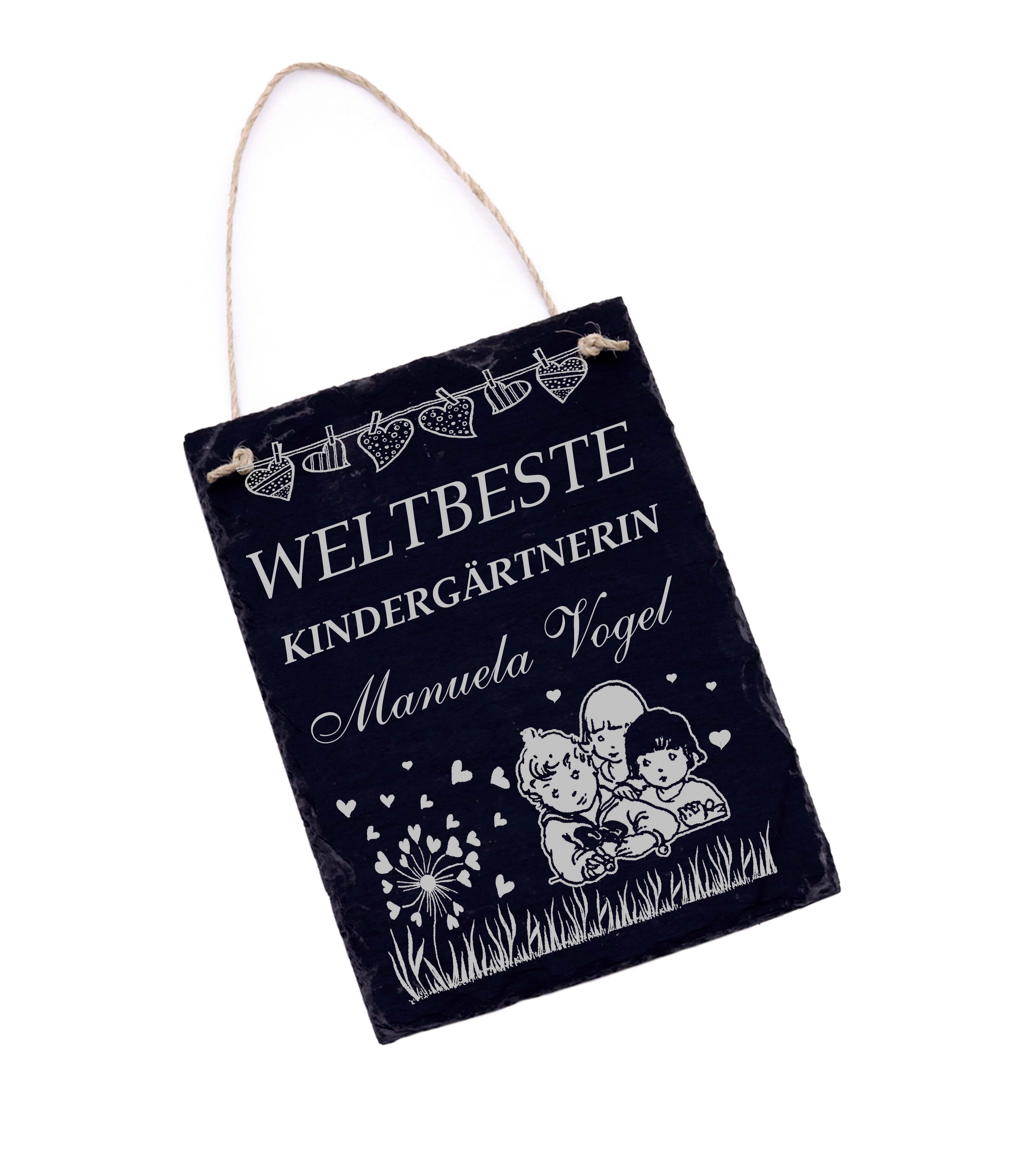 Weltbeste Kindergärtnerin Schild Schiefer graviert mit Wunschnamen Türschild Dankeschön 16 x 22 cm