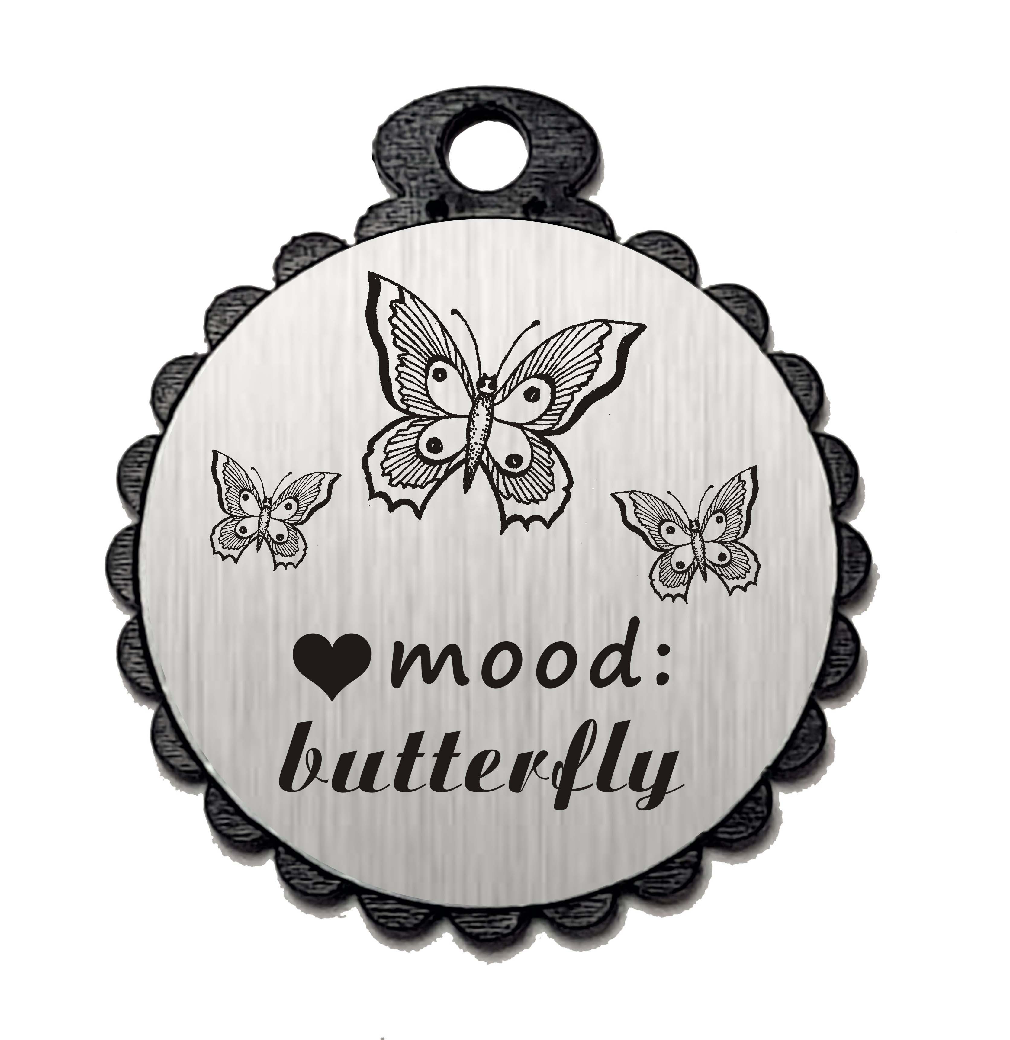 Runder Anhänger « MOOD: BUTTERFLY » mit Motiv Herz SCHMETTERLING - Aluminium Look - silber