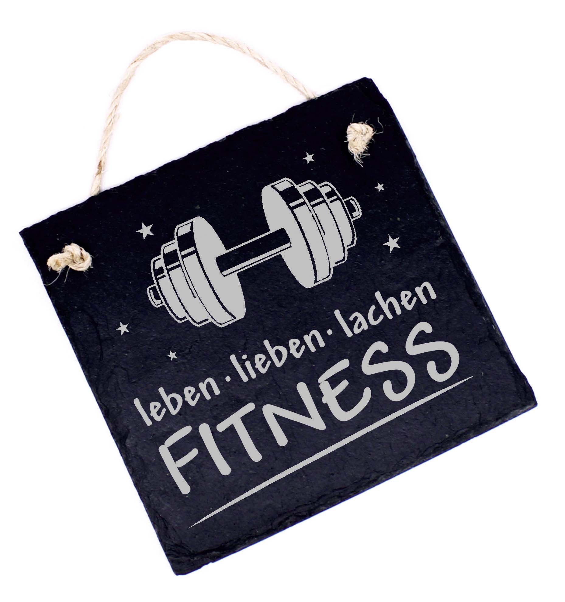 Fitness Schild Schiefer Türschild Gravur - Leben Lieben Lachen - Dekoschild Kraftsport 11 x 11 cm