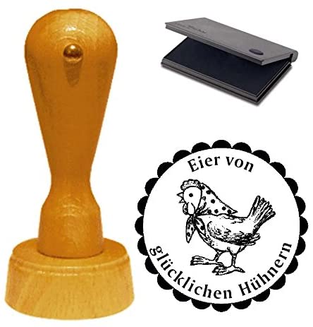 Stempel Eier von glücklichen Hühnern mit Motiv Huhn mit Kopftuch Ø 40 mm - inkl. Kissen