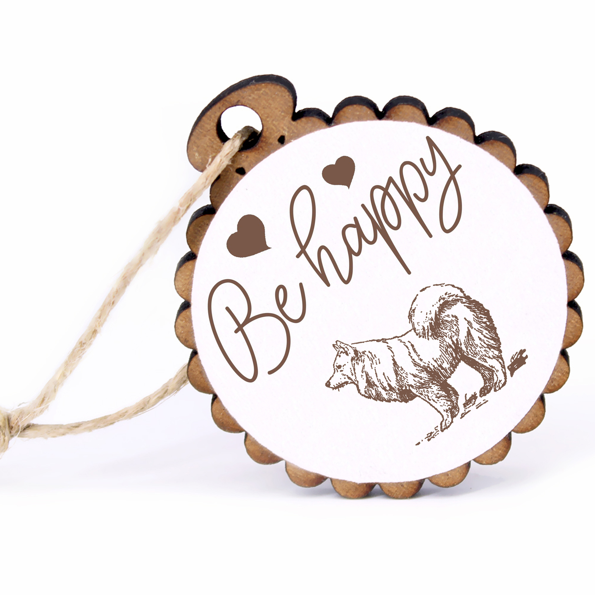 Geschenkanhänger - Be Happy deutscher Spitz -  Holz Ø-5cm - mit Juteband